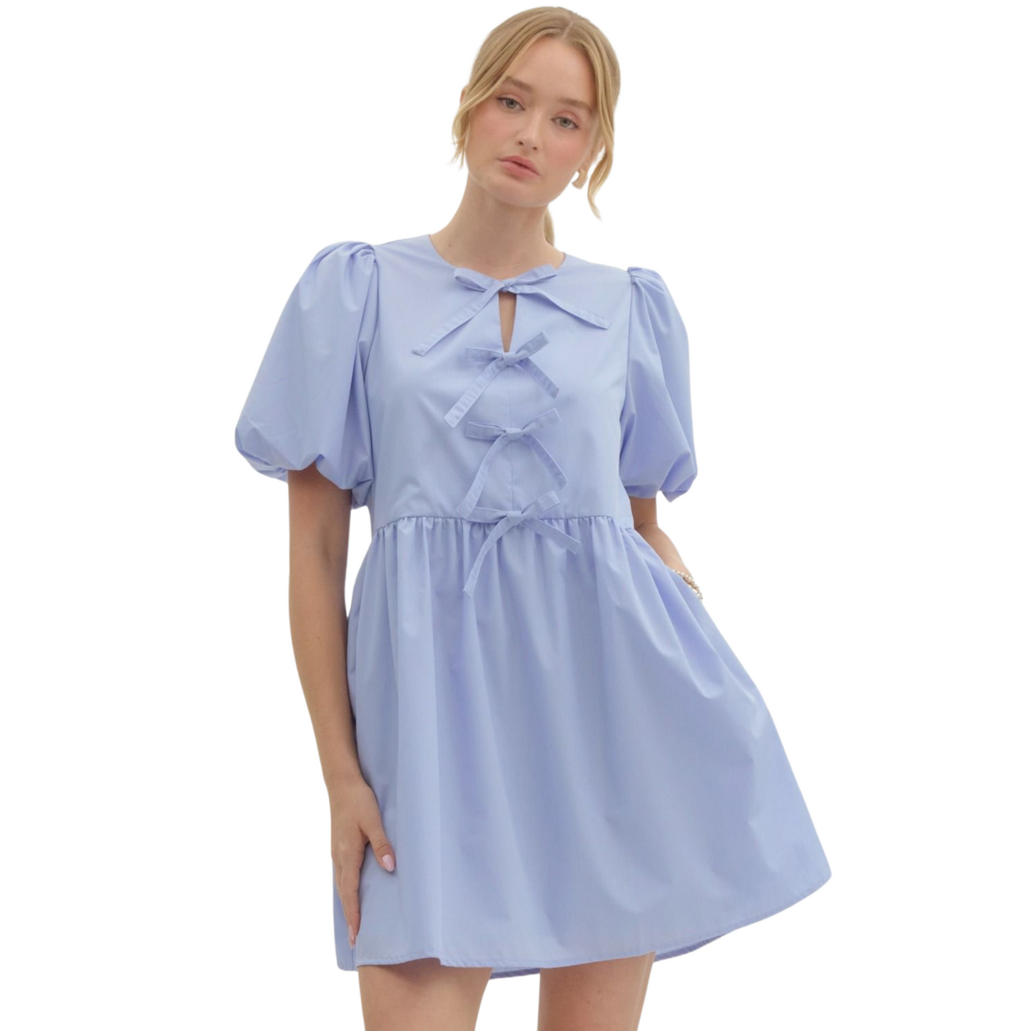 Expertly crafted, this blue bubble sleeve mini dress features elegant ribbon detail at the front and convenient pockets at the sides. Perfect for any occasion, its elastic cuffs and lightweight, non-sheer woven material guarantee all-day comfort and style. Stay chic and sophisticated in this lined dress.