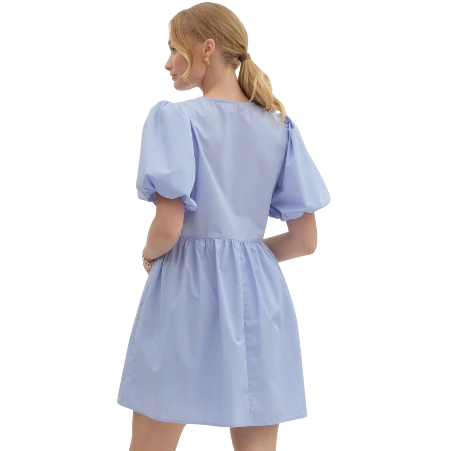 Expertly crafted, this blue bubble sleeve mini dress features elegant ribbon detail at the front and convenient pockets at the sides. Perfect for any occasion, its elastic cuffs and lightweight, non-sheer woven material guarantee all-day comfort and style. Stay chic and sophisticated in this lined dress.