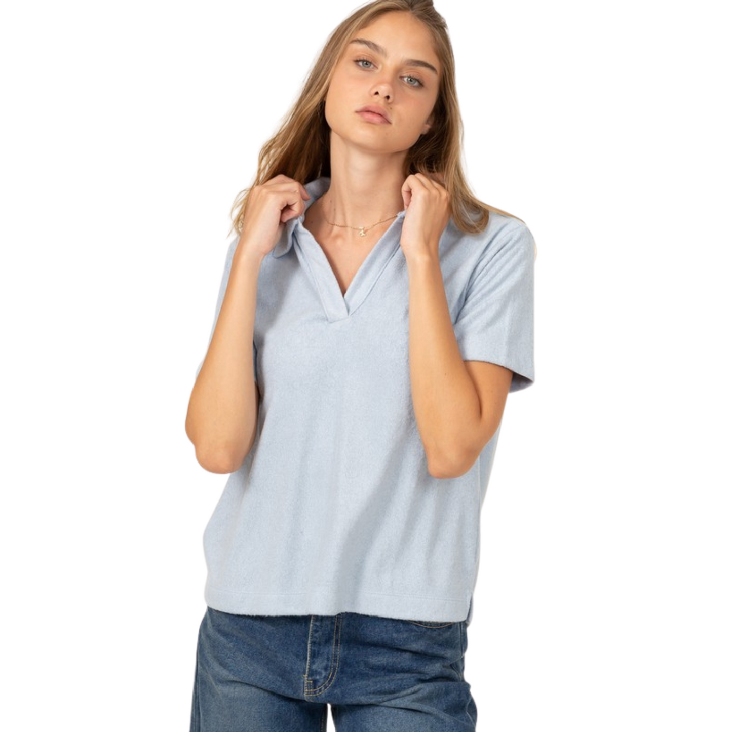 Collared short sleeve top in dusty blue