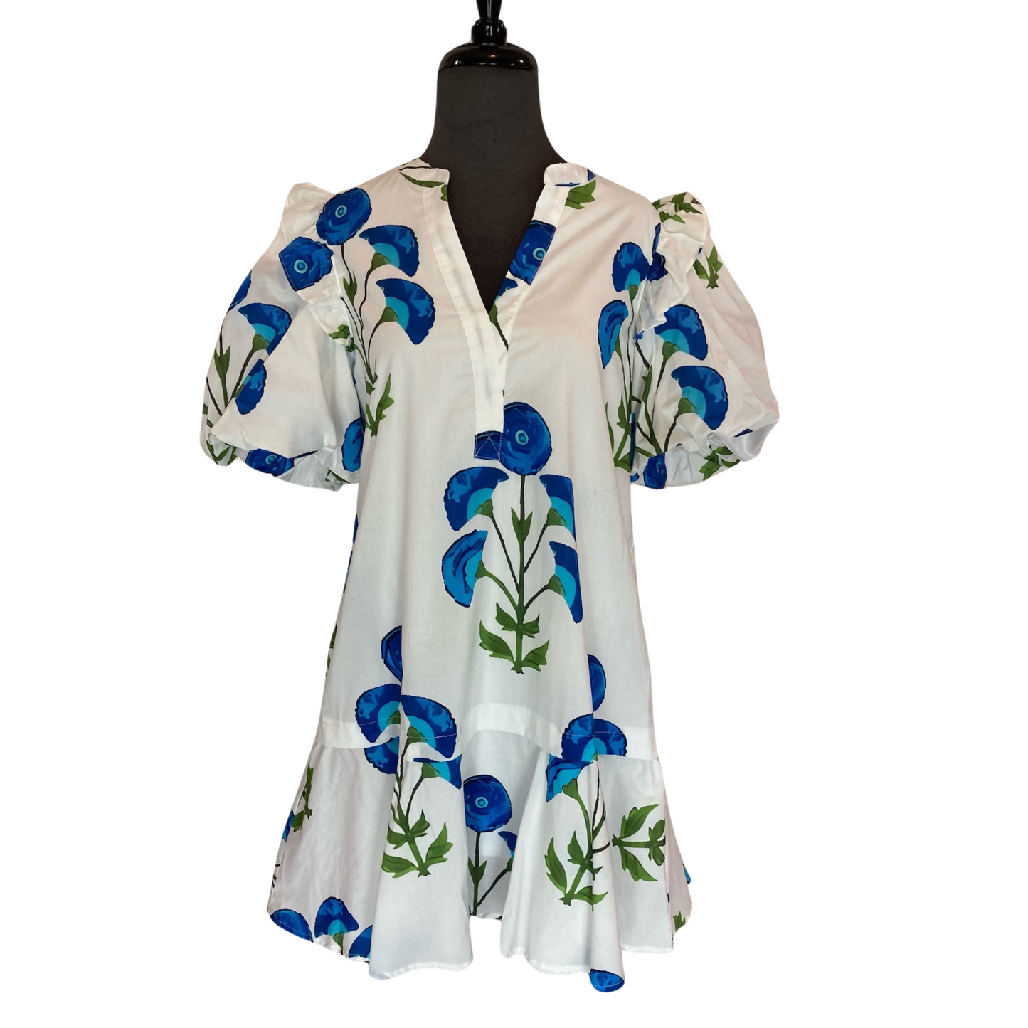 This blue floral Puff Sleeve Mini Dress features a v-neck design and puff sleeves. Its mini length provides a stylish and flattering look for any occasion. Embrace elegance and femininity with this versatile and on-trend dress.