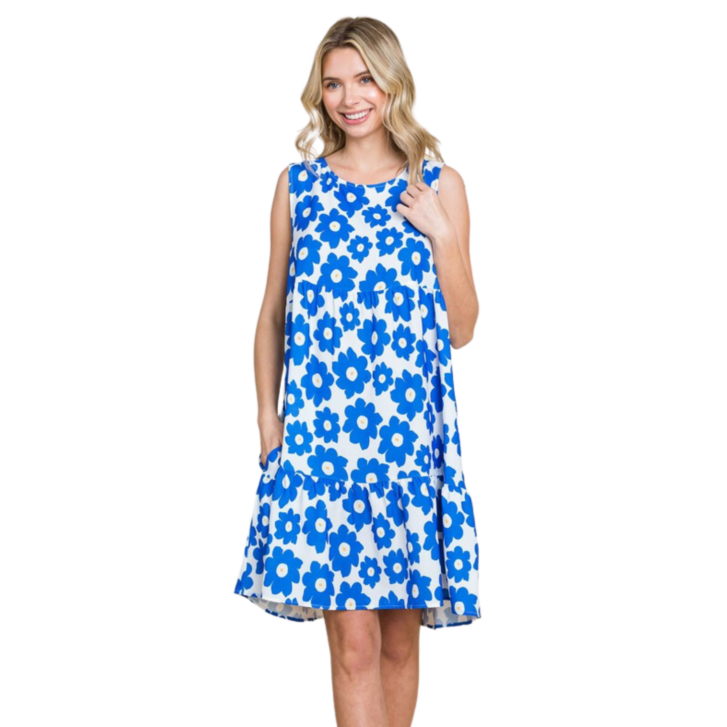 blue and white flower pattern mini dress