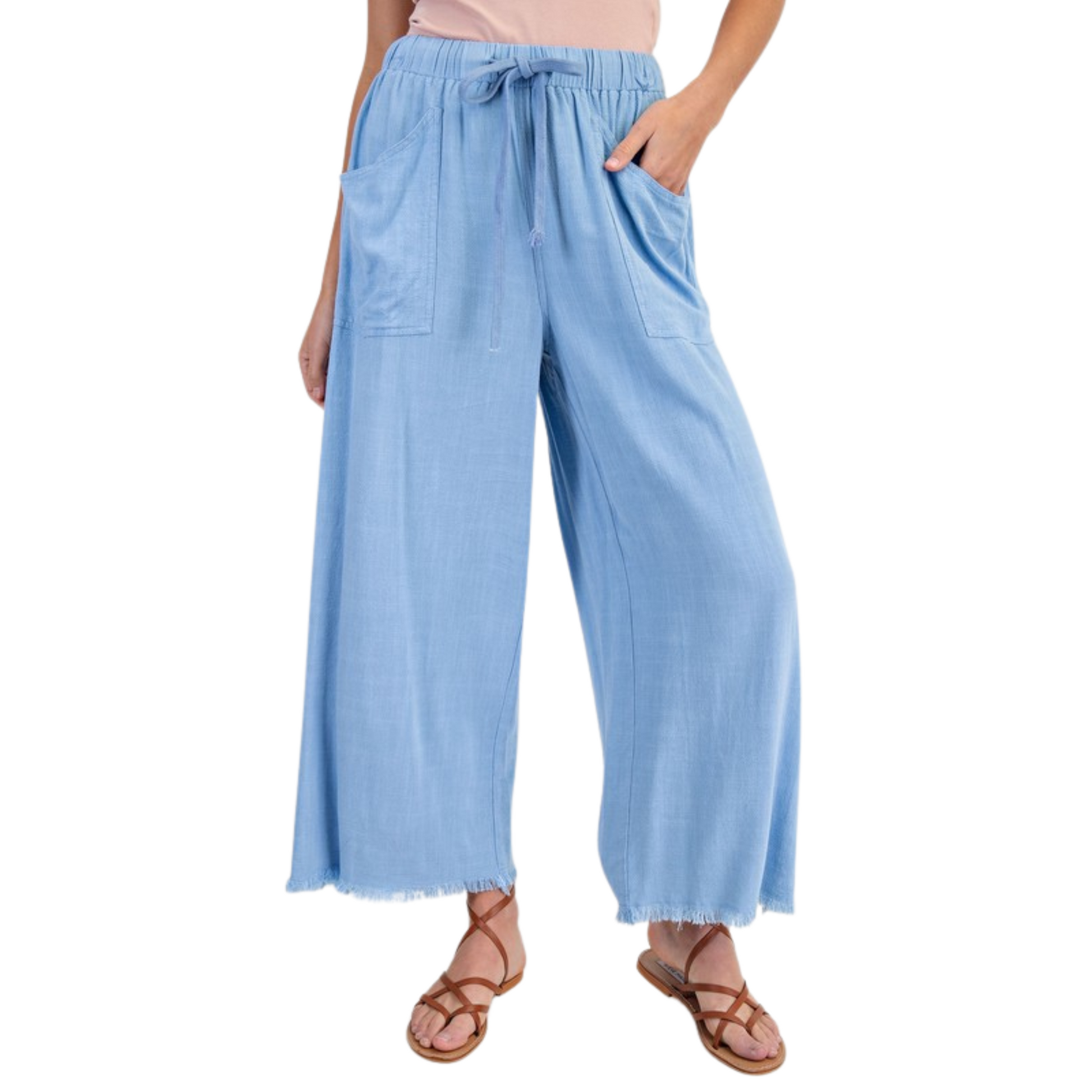 Frayed cropped wide leg pants in light denim color