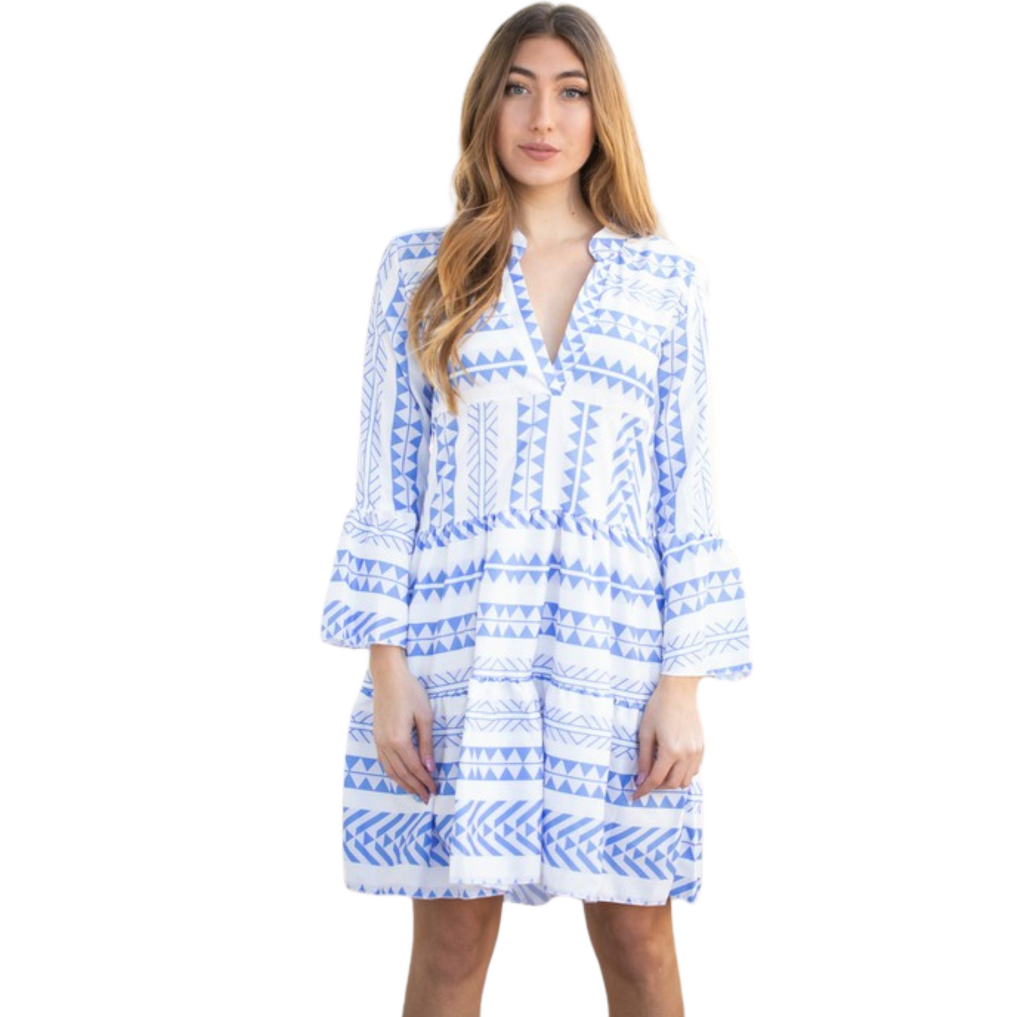 Show confidence and grace in this stylish tiered dress. The long sleeves provide arm coverage and the v neck flaunts the collarbone. The blue and white print adds a touch of subtle color, perfect for any occasion. An impeccable choice for fashion-forward ladies.