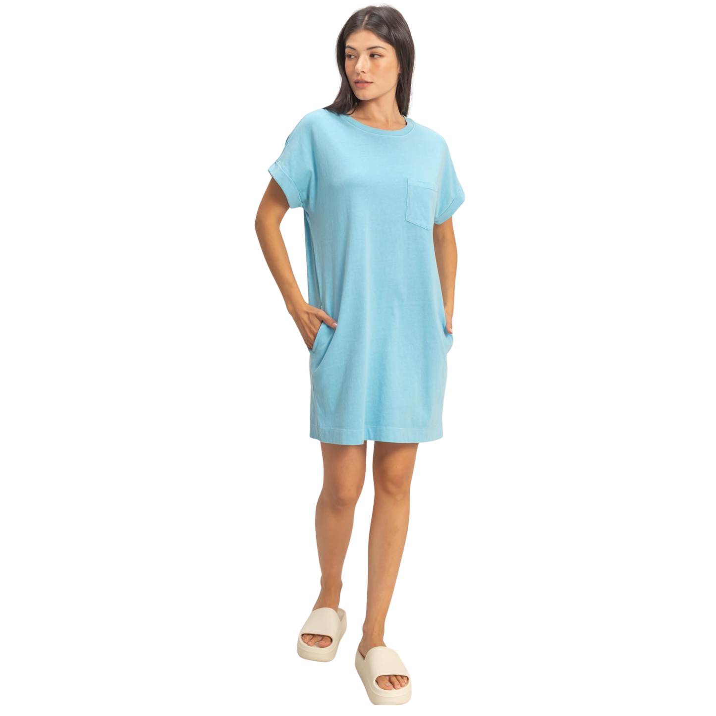 Effortless style meets everyday comfort with this HYFYVE mini dress. Featuring a classic round neckline and a flattering silhouette, it's perfect for casual outings or relaxed weekends. The convenient front pocket adds practical functionality without compromising the sleek design. Crafted in a versatile blue tone, this piece transitions seamlessly from day to night. A wardrobe essential that combines simplicity with modern appeal.