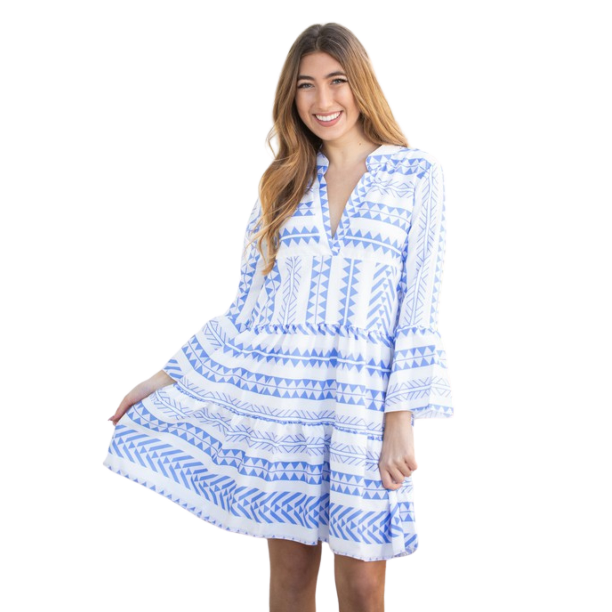 Show confidence and grace in this stylish tiered dress. The long sleeves provide arm coverage and the v neck flaunts the collarbone. The blue and white print adds a touch of subtle color, perfect for any occasion. An impeccable choice for fashion-forward ladies.