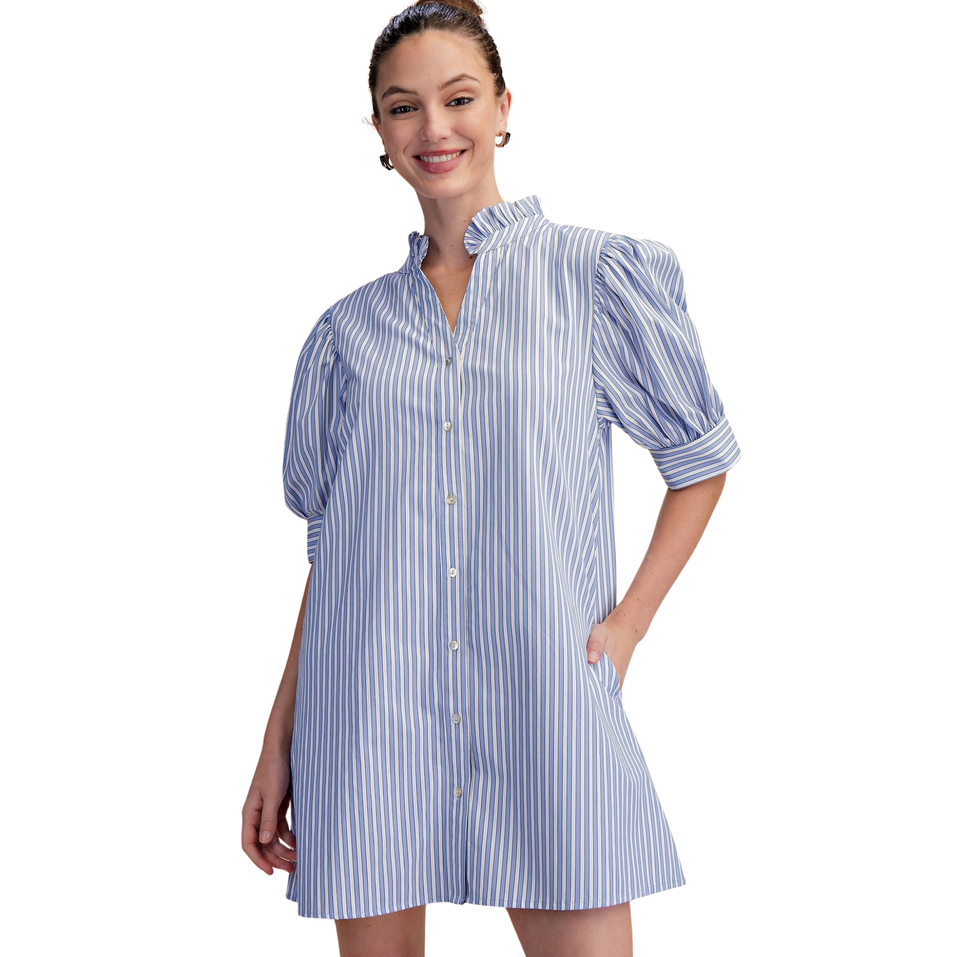 The Glam blue striped button-up mini dress features a charming ruffled collar and dramatic puff sleeves for effortless elegance. Perfect for casual outings or dressed-up occasions, this piece combines playful details with timeless style. The flattering V-neckline and mini length create a modern silhouette that works beautifully with sneakers or heels. A versatile wardrobe essential that transitions seamlessly from day to night.