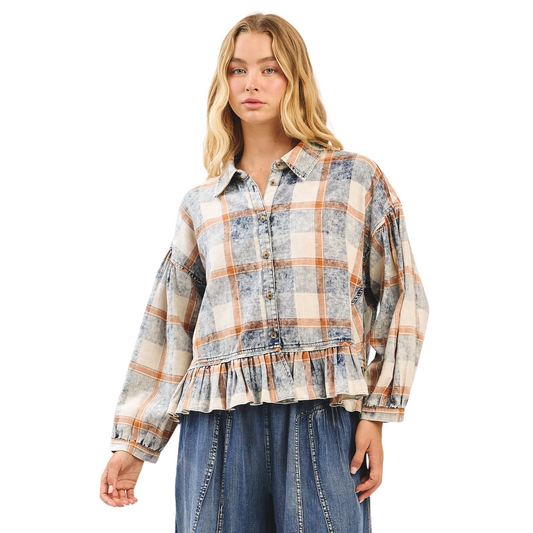 This Washed Plaid Top from Mittoshop pairs a vibrant orange and blue color combo with expert design details. Featuring a classic button-up front and a structured collar, it balances polished style with distinctive flair. The balloon sleeves add volume and modern silhouette interest, while the ruffle hem introduces a subtle, feminine finish. Perfect for those seeking a statement piece that combines comfort with trend-conscious sophistication.