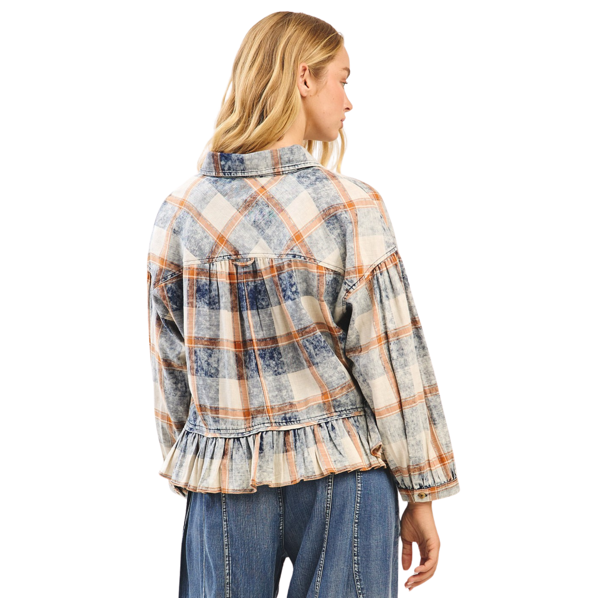 This Washed Plaid Top from Mittoshop pairs a vibrant orange and blue color combo with expert design details. Featuring a classic button-up front and a structured collar, it balances polished style with distinctive flair. The balloon sleeves add volume and modern silhouette interest, while the ruffle hem introduces a subtle, feminine finish. Perfect for those seeking a statement piece that combines comfort with trend-conscious sophistication.