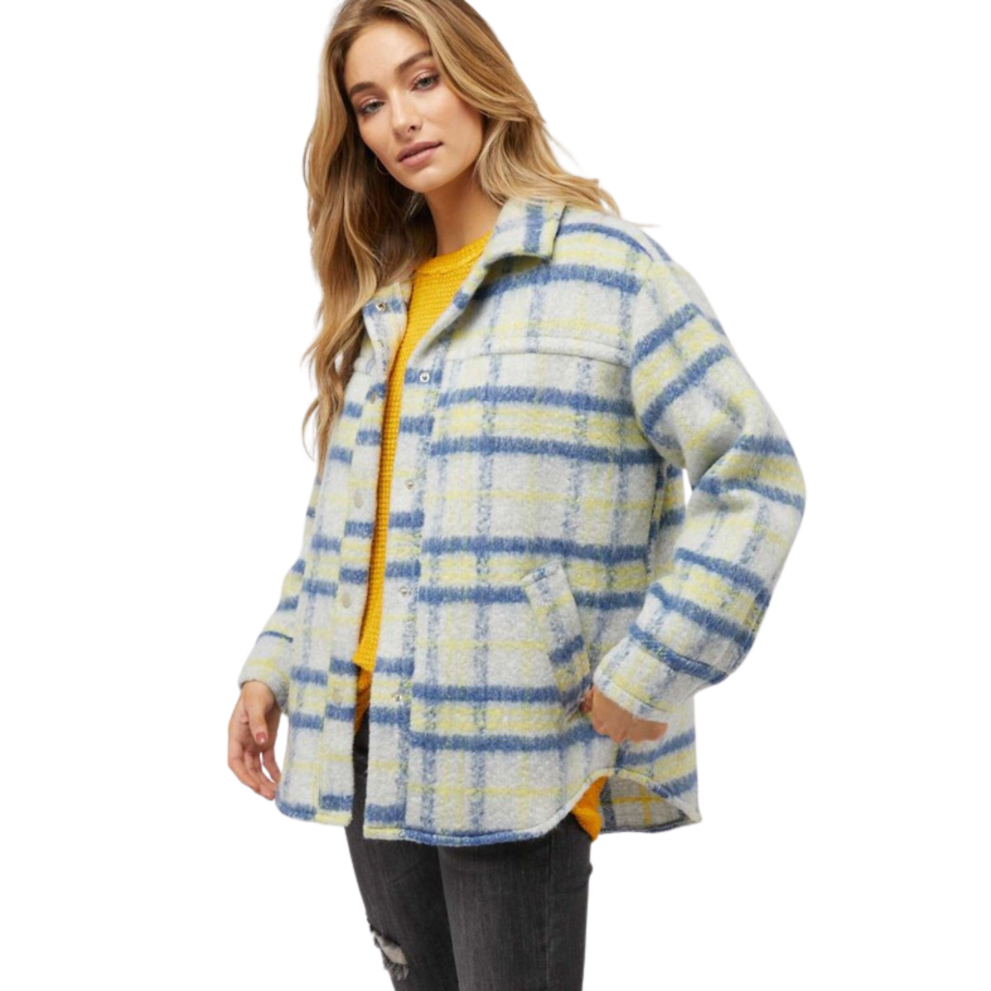 Stay comfortable and stylish with this Plaid Button Down Shacket. It features a blue and yellow plaid pattern and two pockets. The long sleeves keep you warm and the lightweight fabric is perfect for any season.