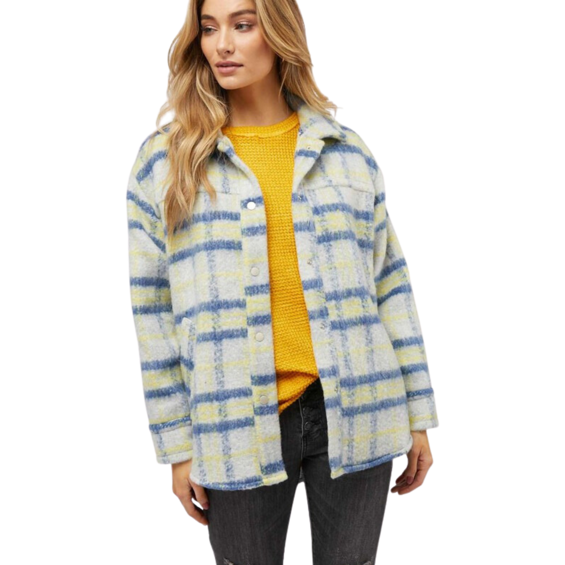 Stay comfortable and stylish with this Plaid Button Down Shacket. It features a blue and yellow plaid pattern and two pockets. The long sleeves keep you warm and the lightweight fabric is perfect for any season.