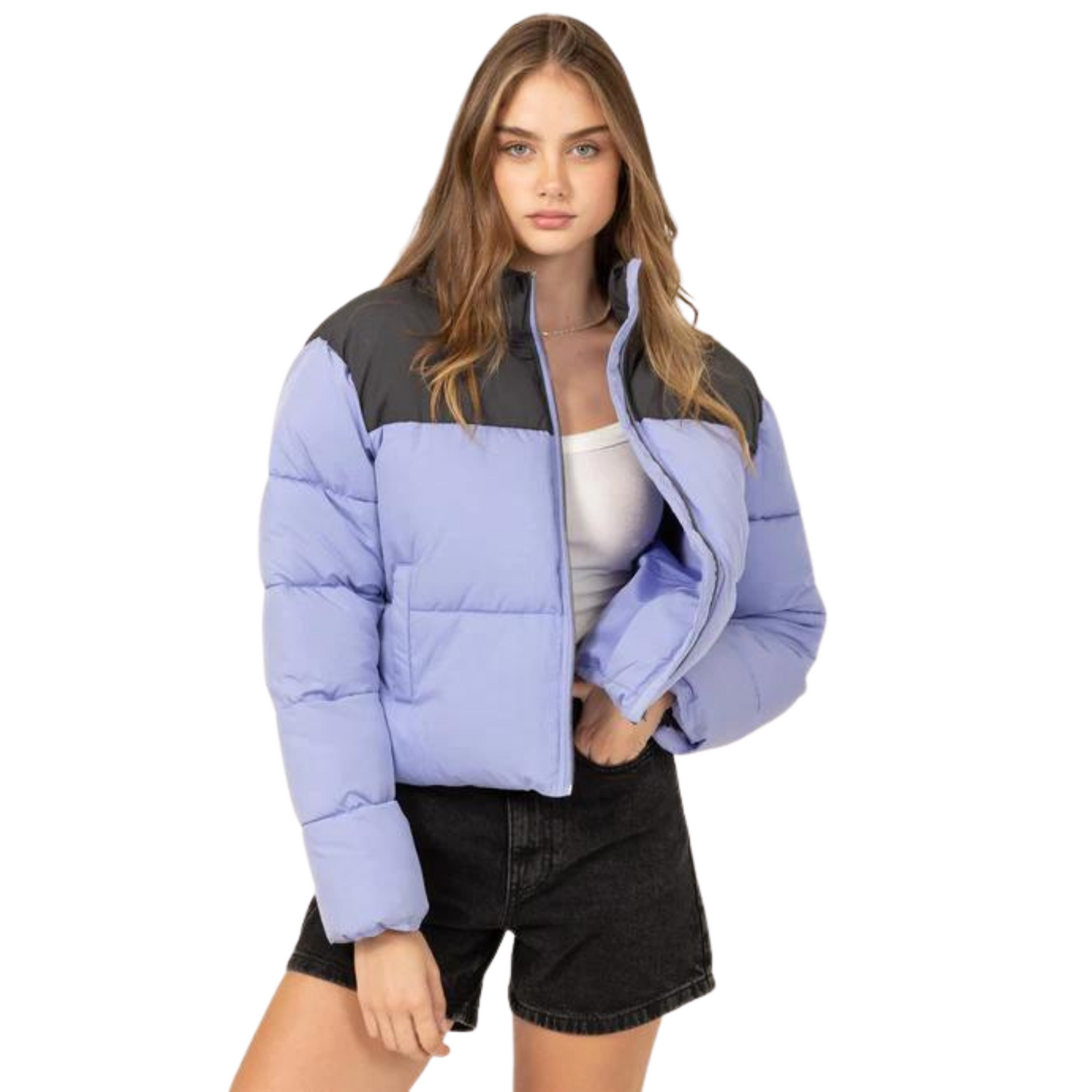 Color block puffer jacket in pastel indigo