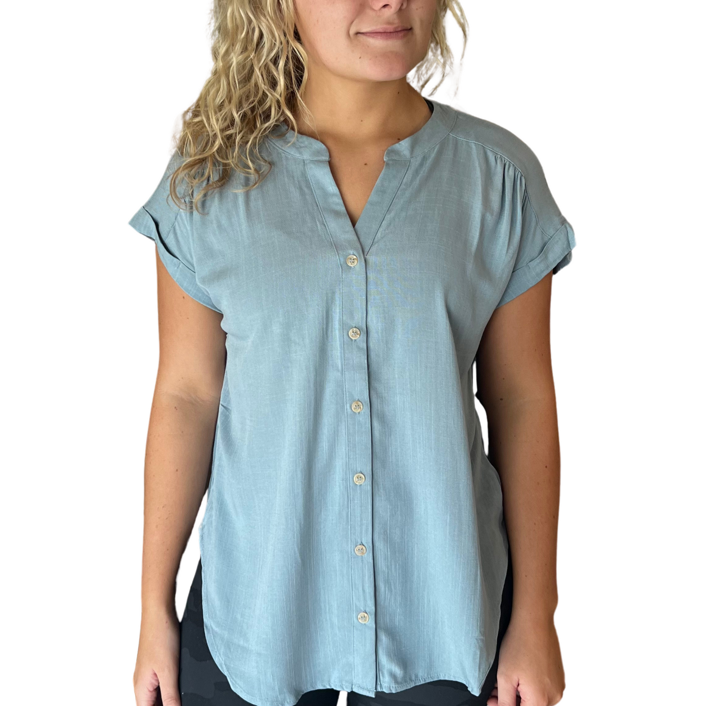 Rolled Sleeve woven top in dusty blue