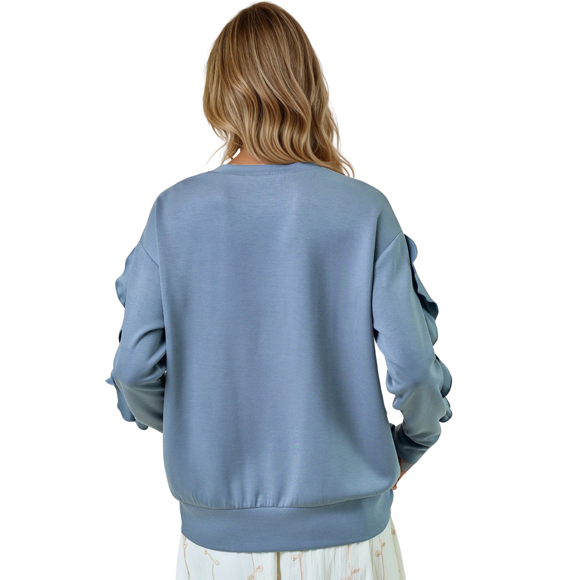 Elevate your casual wardrobe with the Soft Ruffle Sleeve Sweatshirt by Doe &amp; Rae, featuring a sophisticated dusty blue hue and delicate ruffle sleeve detailing. Crafted for comfort and style, this sweatshirt offers a refined touch to everyday wear while maintaining a relaxed fit ideal for layering or standalone looks. Its unique design elements provide a subtle yet distinct silhouette that enhances your natural confidence with expert-tailored charm.