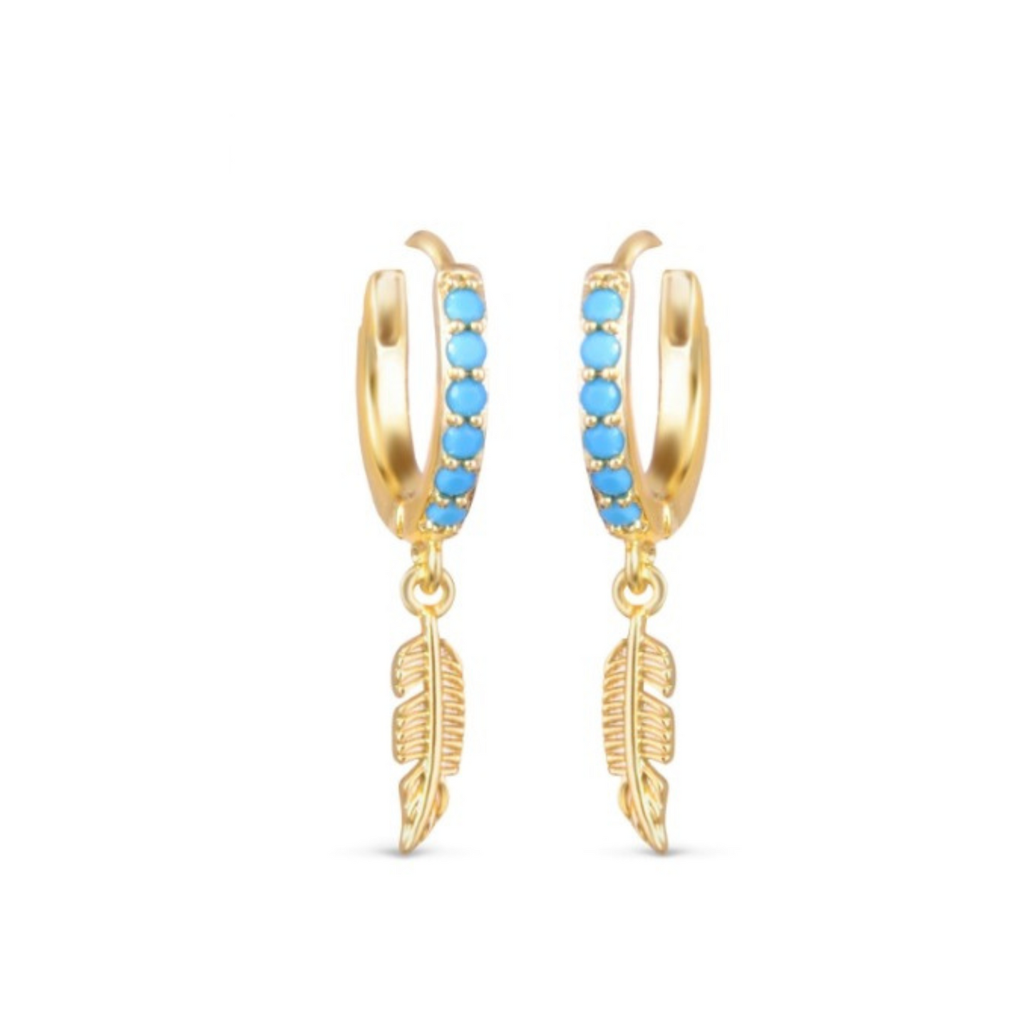 Up your style game with these Blue Stone Feather Earrings from Amanda Blu. These dainty 18K gold dipped huggie earrings feature bright blue cubic zirconia stones along the hoop and dangling gold feathers. You're sure to make a statement with these gorgeous earrings!