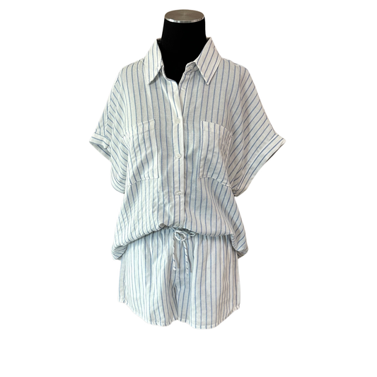 The HYFVE Striped Top and Shorts Set combines classic style with everyday comfort. This two-piece set features a crisp white and blue striped button-up collared top paired with matching shorts, perfect for casual outings or relaxed weekends. The collared design adds a polished touch while the breathable fabric keeps you cool throughout the day. Mix and match with your favorite accessories for endless styling possibilities.