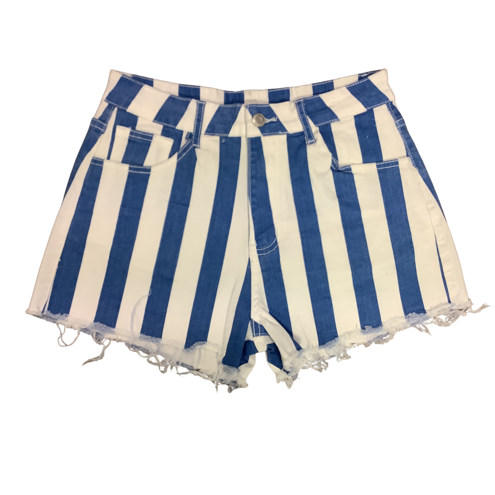 Look stylish while staying comfortable with our Wide Striped Raw Hem Shorts. Crafted from durable denim, these shorts feature a classic blue and white stripe and a raw hem for an on-trend look. Perfect for any summer occasion.