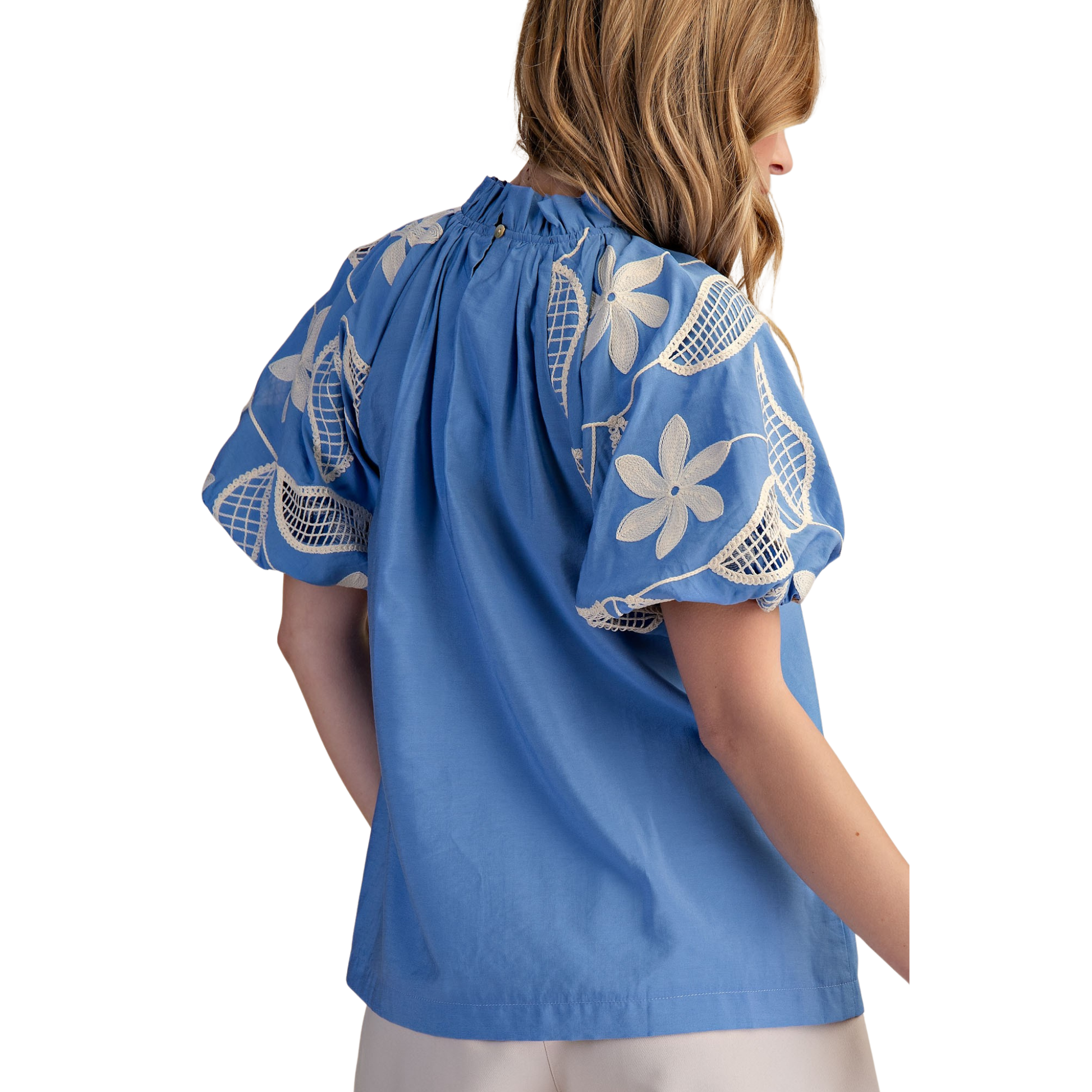 Elevate your wardrobe with this stunning Ruffle Neck Bubble Sleeve Top by Glam. Featuring a charming ruffle neckline and playful puff sleeves, this short-sleeve top combines elegance with a touch of whimsy. The delicate floral design adorning the sleeves adds a feminine, eye-catching detail that transitions seamlessly from casual to dressy occasions. Crafted in a rich blue hue, this piece is perfect for anyone seeking a statement top that balances sophistication with fun, everyday style.