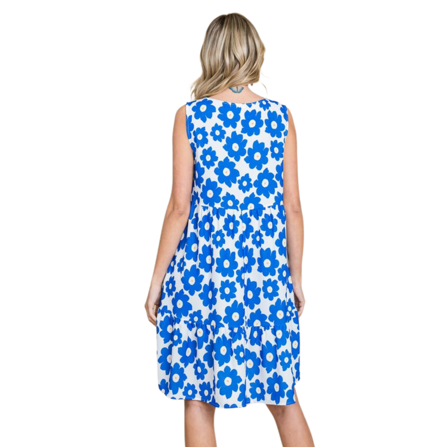 blue and white pattern mini dress