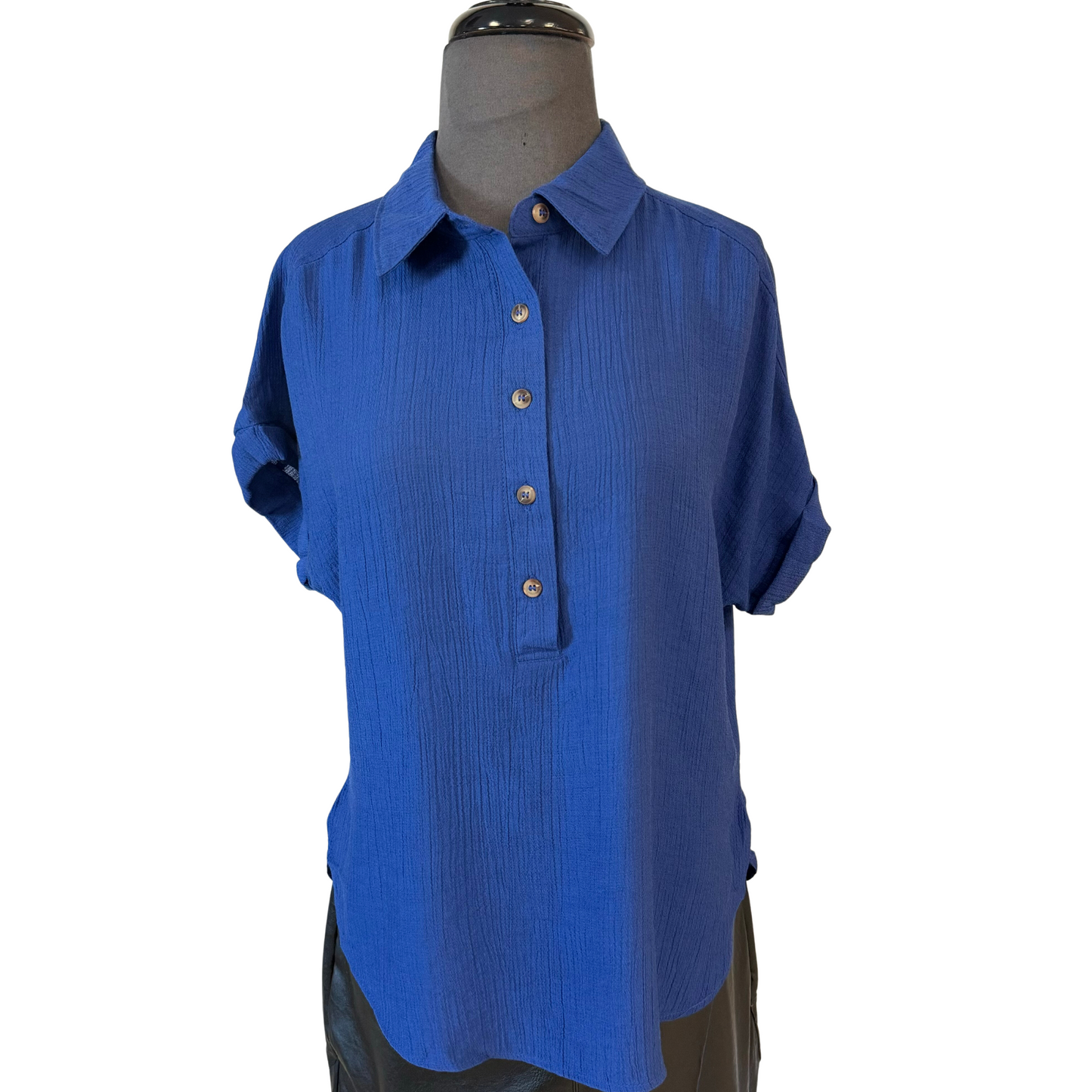 Mid button down woven top in royal blue