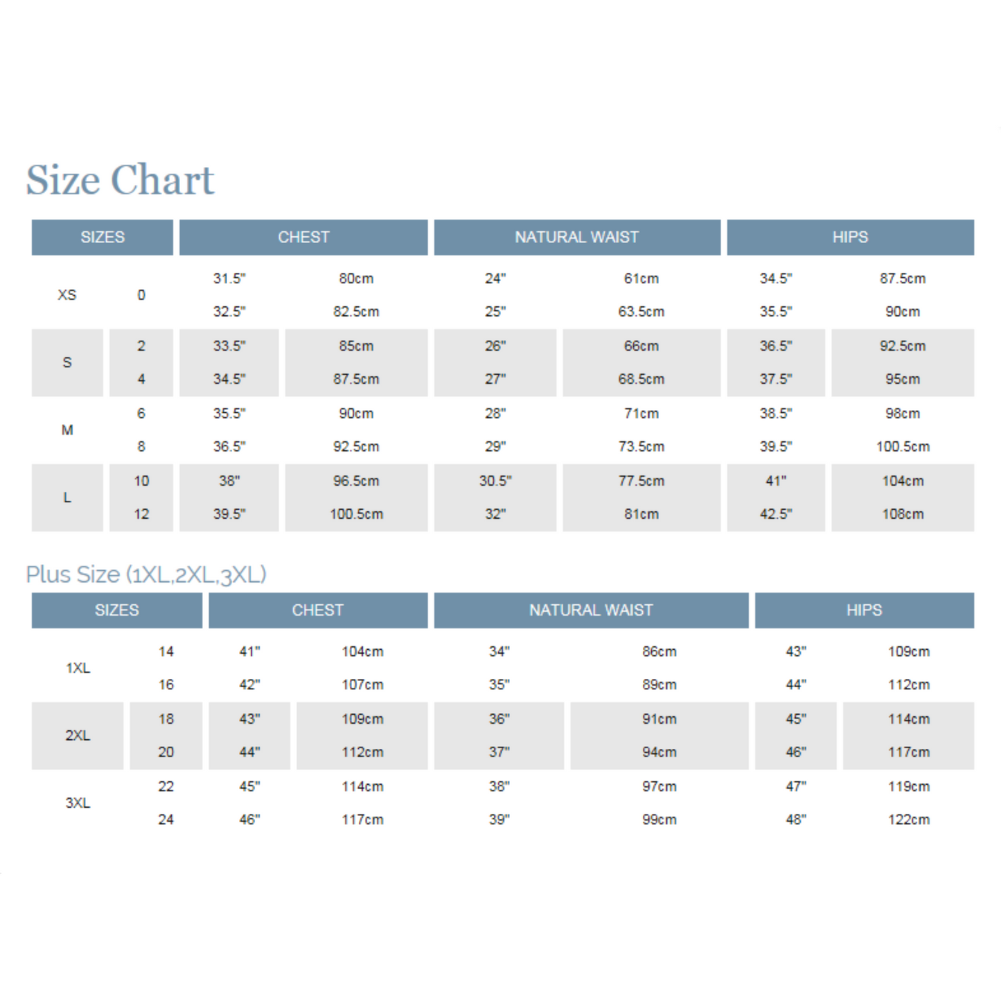 Blu Pepper size chart