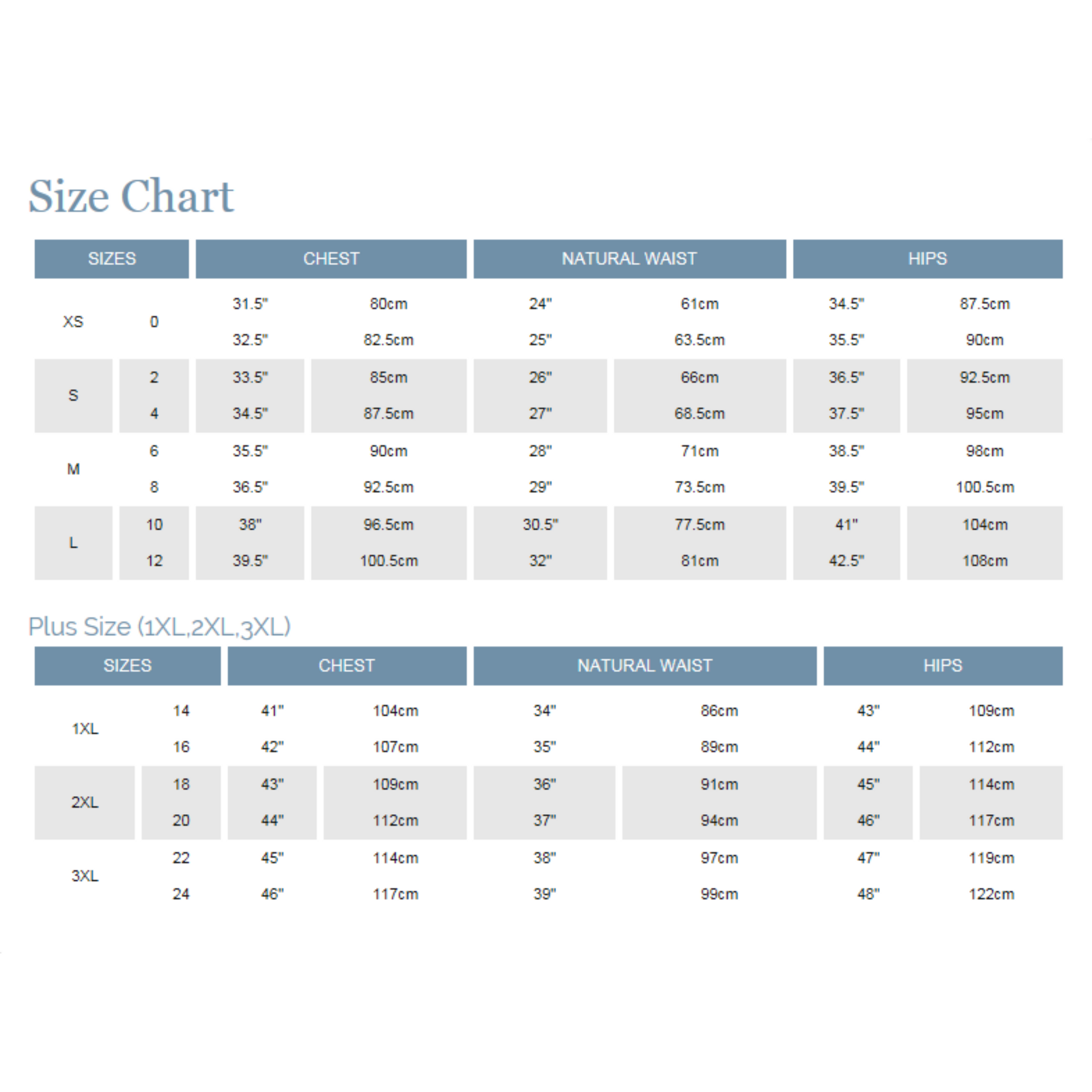 Blu Pepper size chart