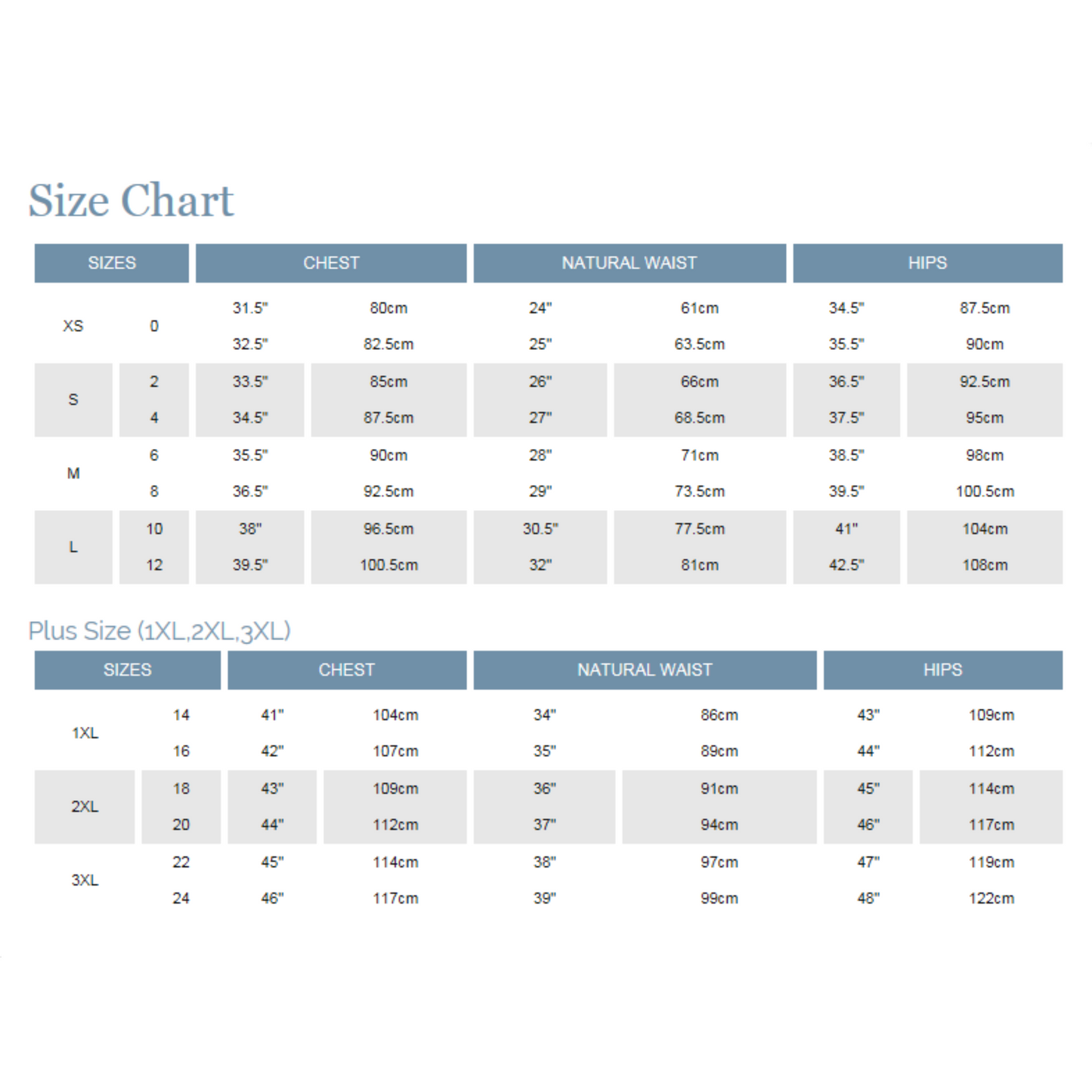 Blu Pepper Size Chart