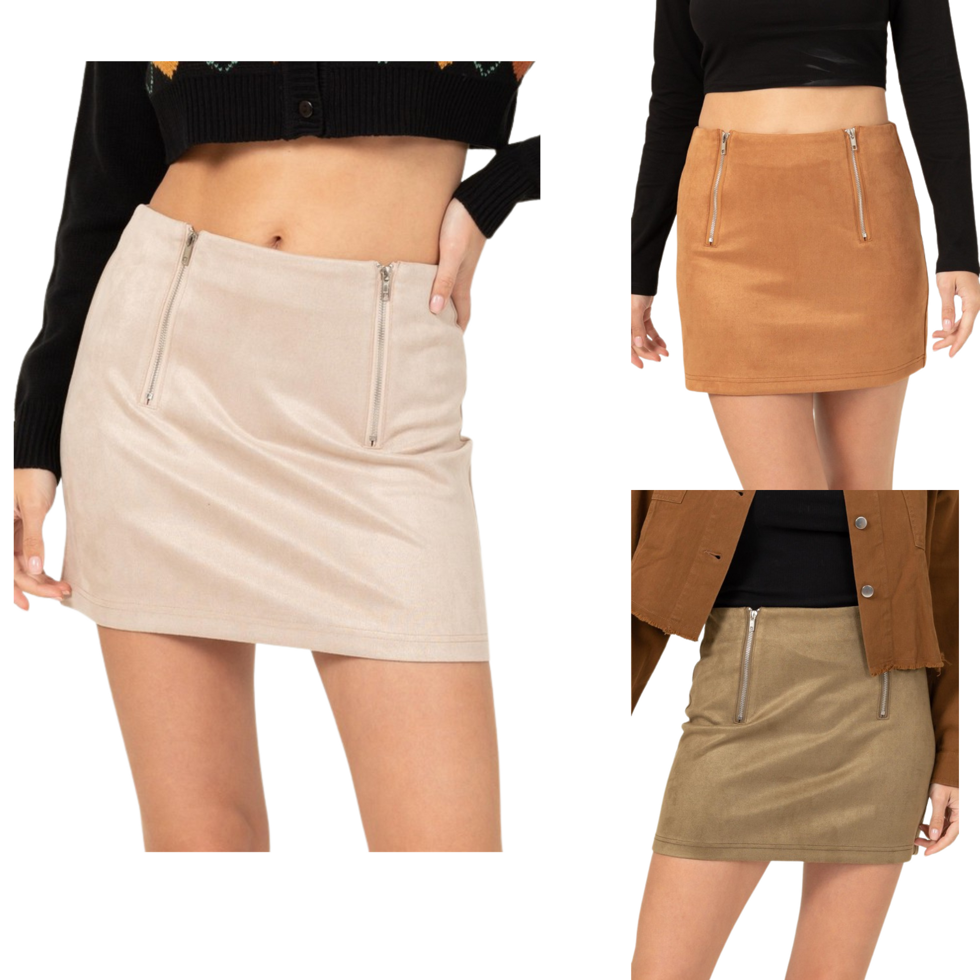 Our Bodycon Mini Skirt is the perfect addition to your wardrobe. Featuring a double zipper to add an edgy style, this skirt is a show-stopper. Available in camel, light taupe, and olive, you're sure to find the perfect color to complement your outfit.