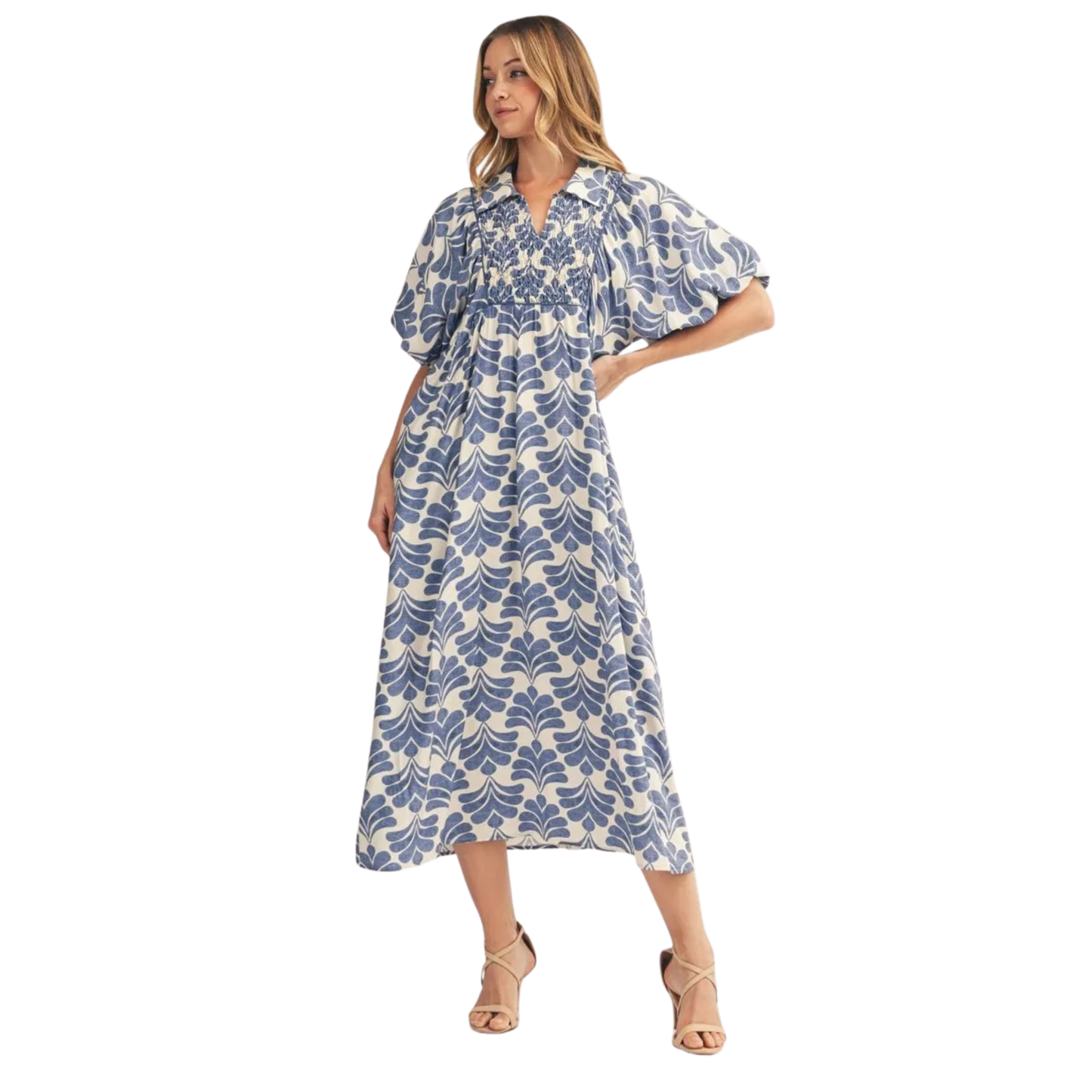 Effortless bohemian style meets timeless elegance in this Jodifl puff sleeve floral midi dress. Crafted in a rich denim color, the flowing midi silhouette pairs perfectly with the romantic puff sleeves and delicate floral print for a look that transitions seamlessly from day to night. The relaxed fit and soft fabric create comfortable movement, while the boho-inspired design adds a touch of free-spirited charm to any wardrobe. Perfect for casual outings, garden parties, or weekend adventures.