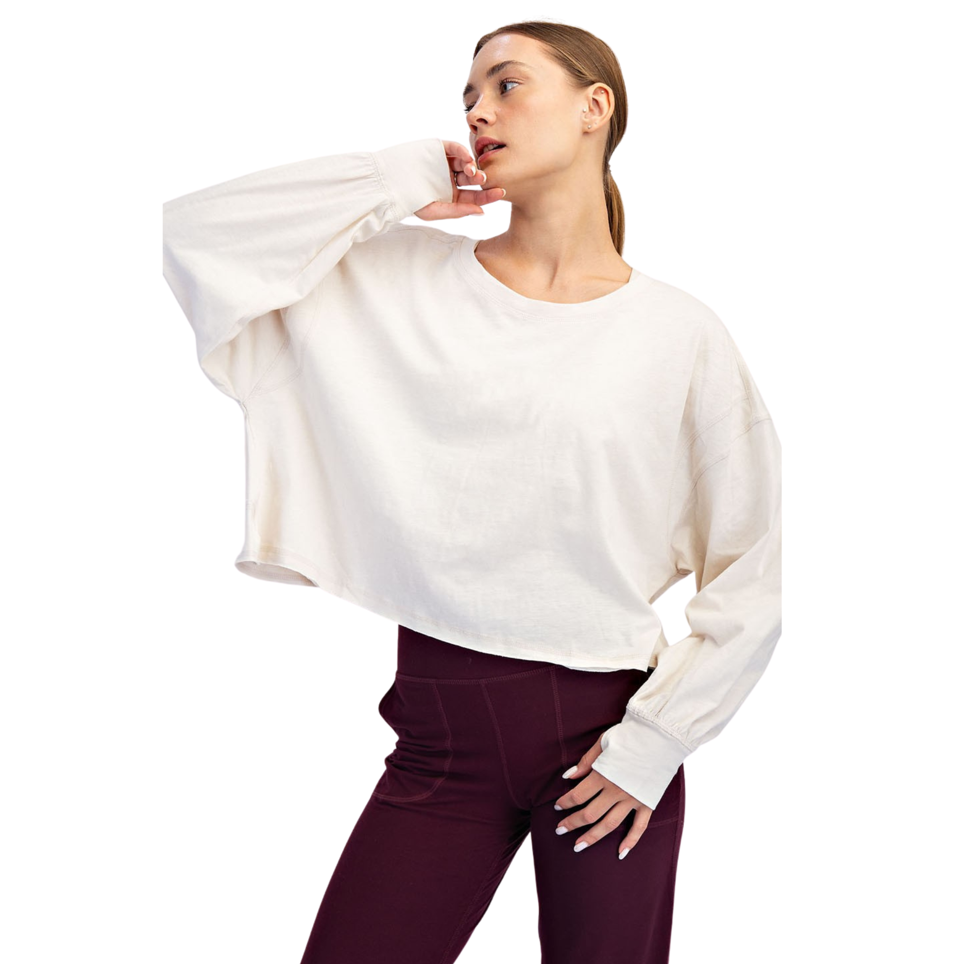 Open back long sleeve top in bone color