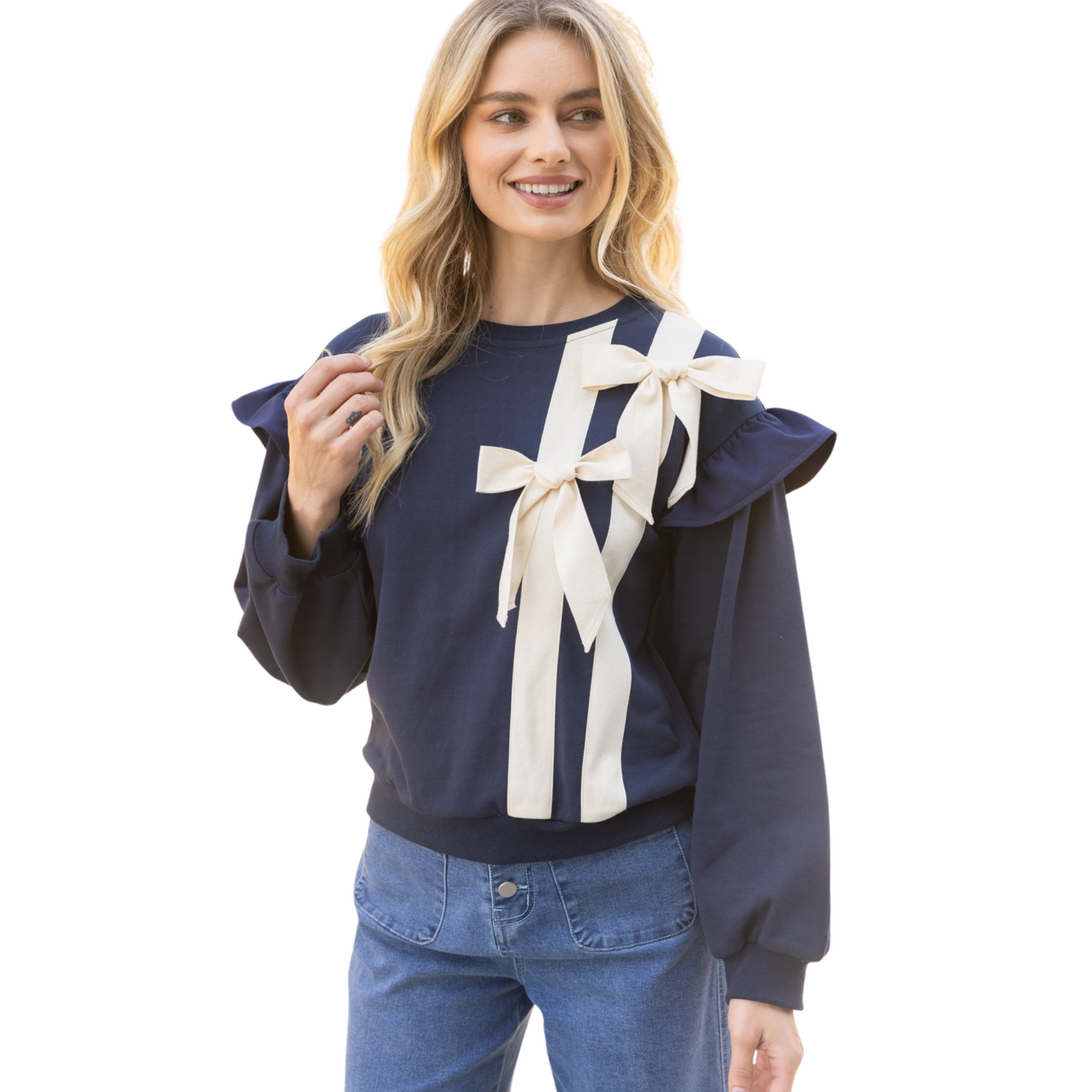 Expertly crafted with a round neckline and ruffle details on the long sleeves, this navy sweatshirt is both stylish and comfortable. Made from high-quality knit fabric, it also features charming twill tape bow details, adding a touch of femininity to any outfit. Perfect for everyday wear.