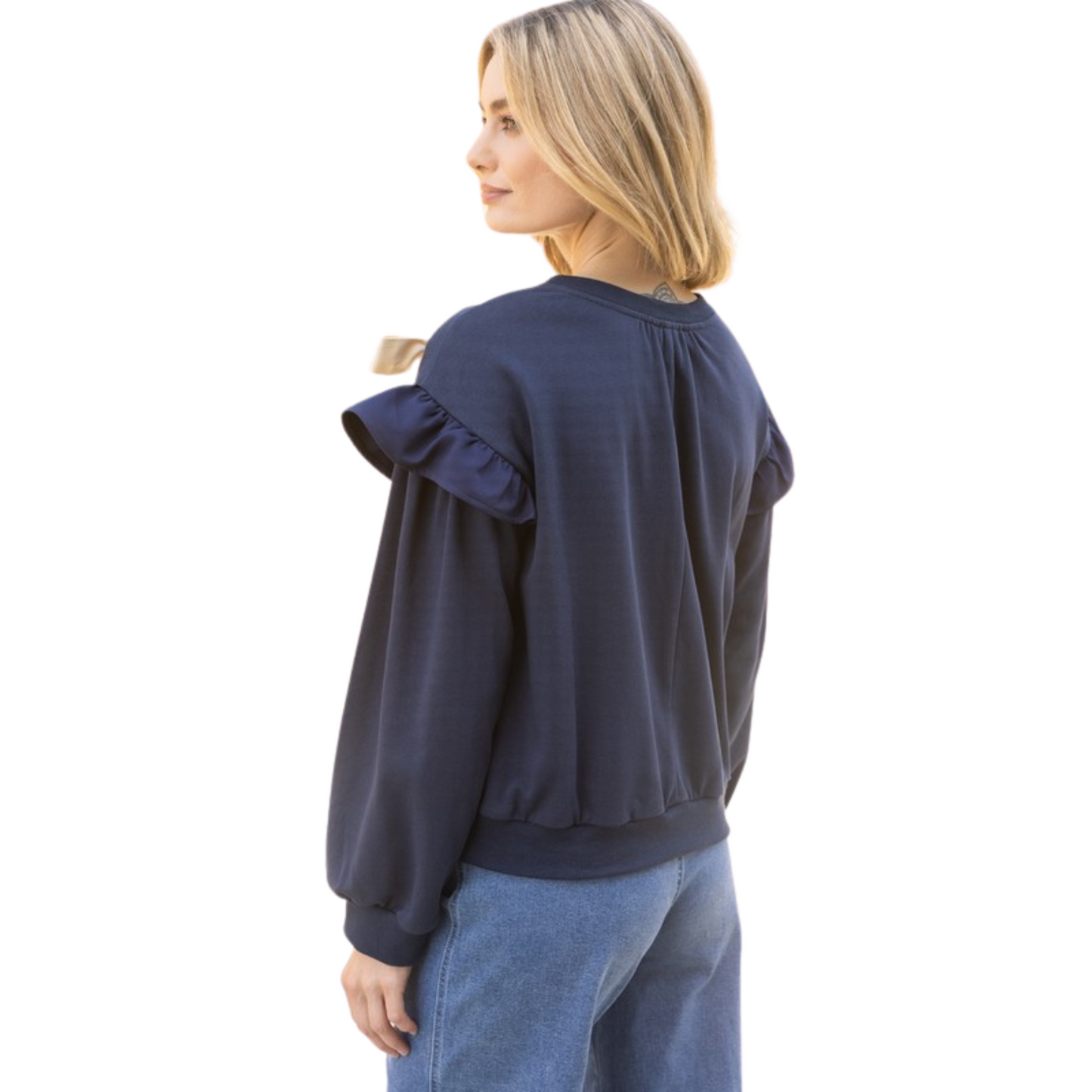 Expertly crafted with a round neckline and ruffle details on the long sleeves, this navy sweatshirt is both stylish and comfortable. Made from high-quality knit fabric, it also features charming twill tape bow details, adding a touch of femininity to any outfit. Perfect for everyday wear.