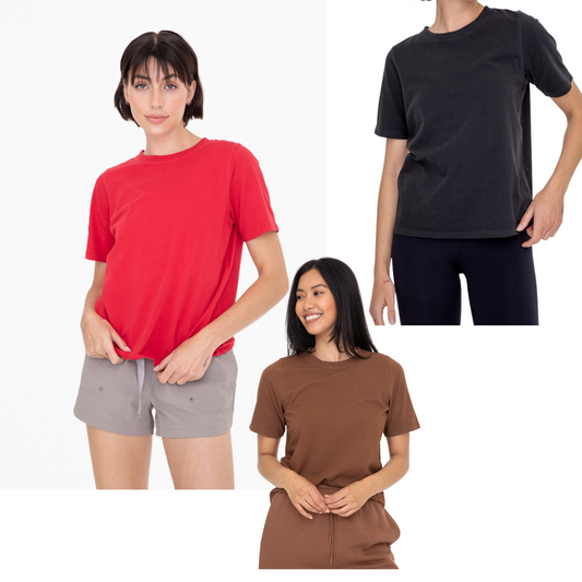 This classic boxy fit tee is made with Supima cotton to give it a rich color and a comfortable fit. It features a boxy fit and a ribbed neckline to make it the perfect staple for any wardrobe.
