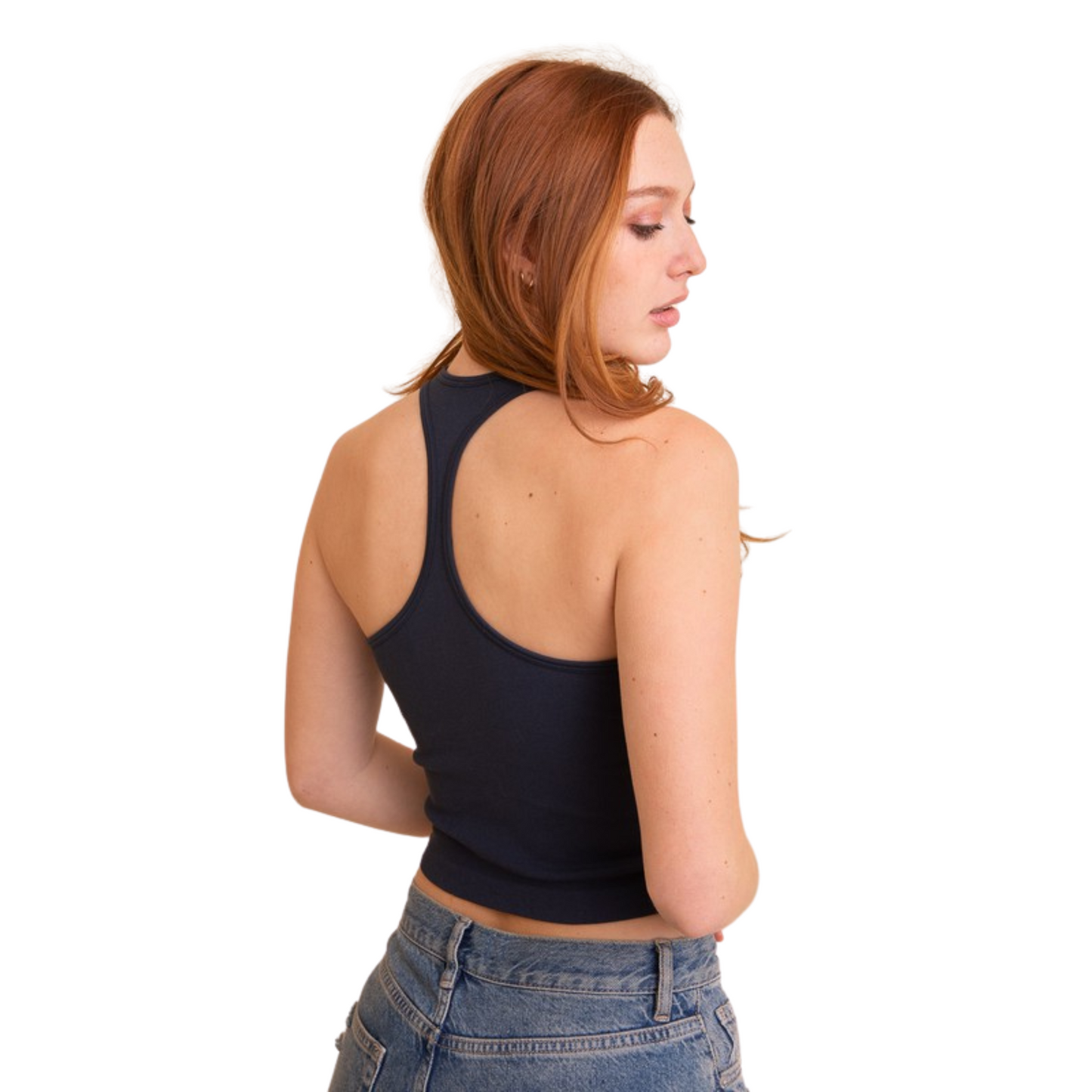This High Neck Racerback Brami Top is the ideal wardrobe staple. Available in baby blue, grey blue, and black, it is the perfect top for any occasion. With its timeless style, you can be sure that you'll look and feel great when you wear it.