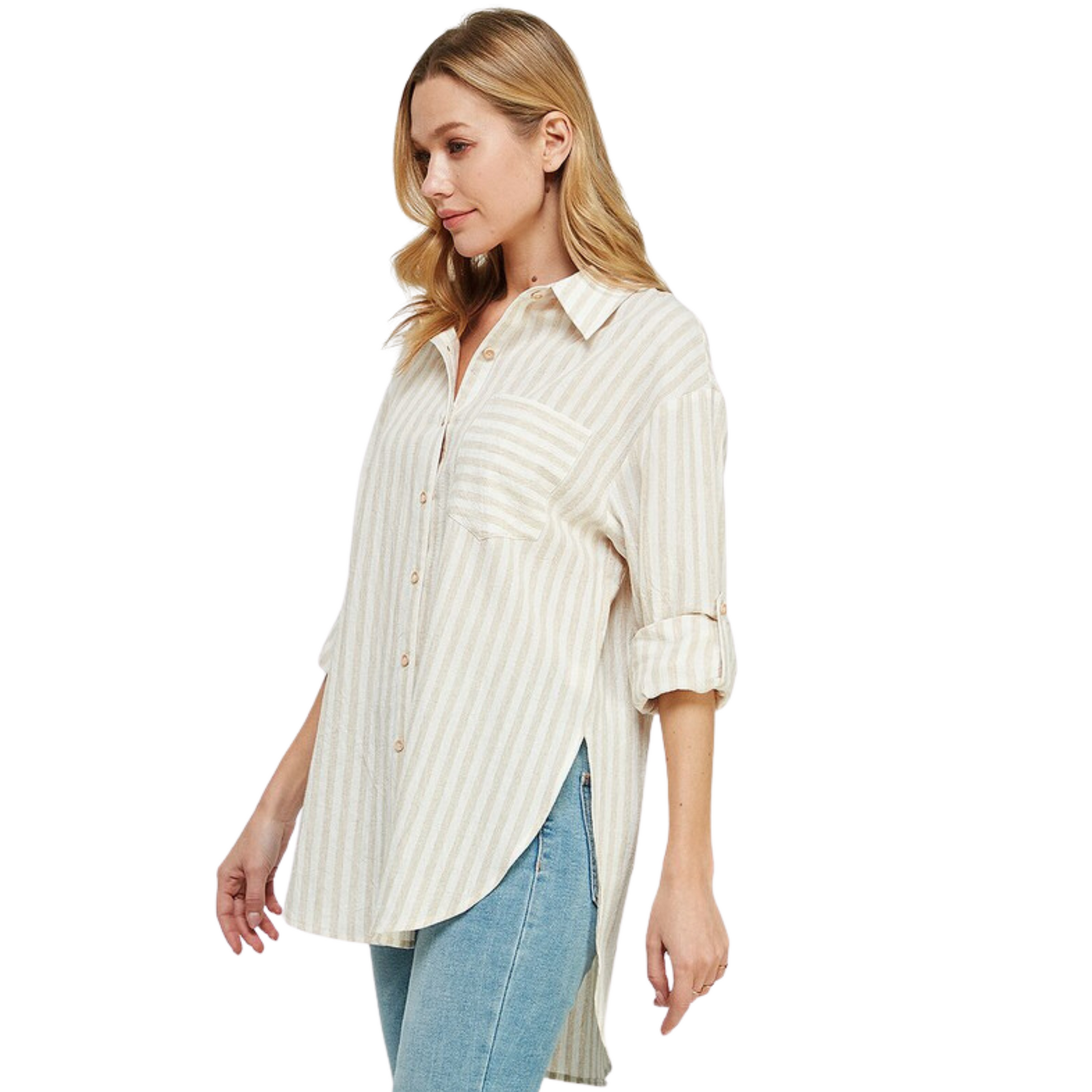 Elevate your wardrobe with our Breezy Linen Boyfriend Top. Crafted from a lightweight linen blend, this collared button up features a classic cream and beige stripe and long sleeve. It's the perfect piece for any occasion.