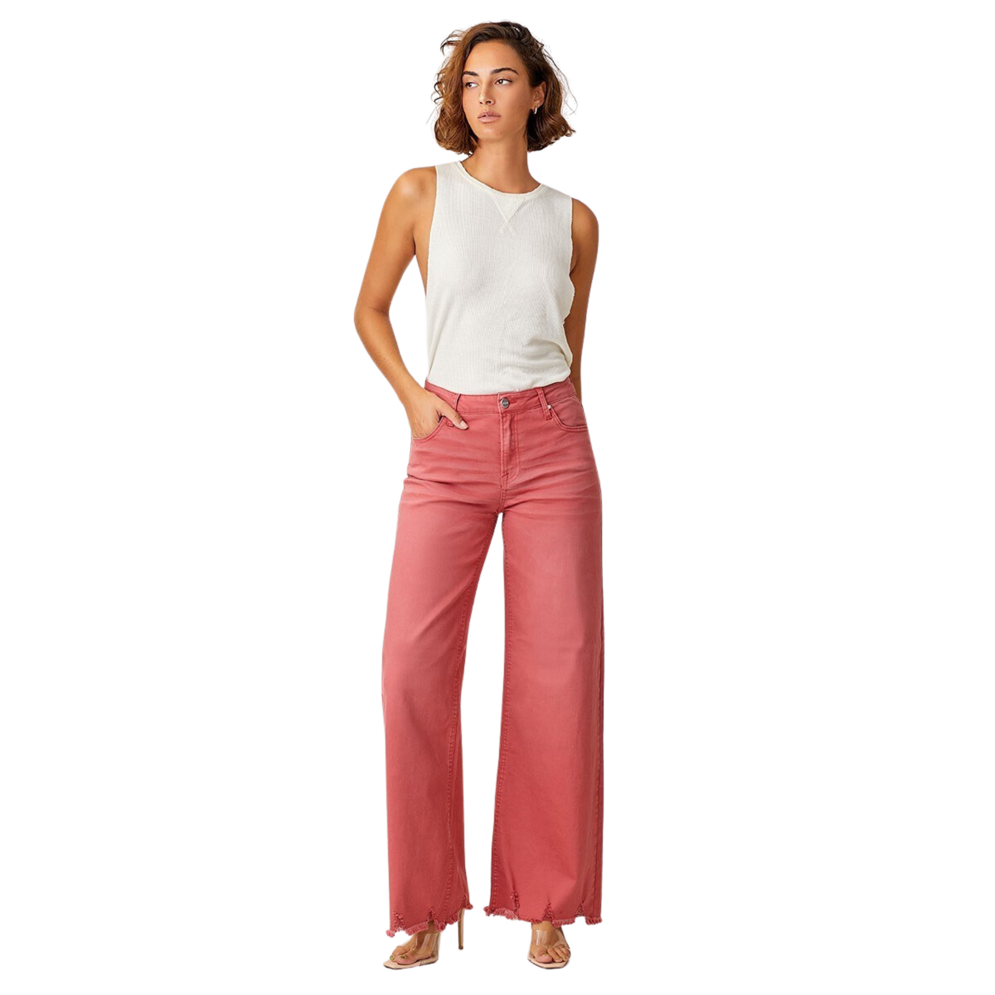 High-rise flare jeans from Risen Brand boast a brick color and raw hem for a modern twist. The flare gives them a stylish silhouette with timeless appeal. Crafted using quality fabric, these jeans are a perfect addition to any wardrobe.