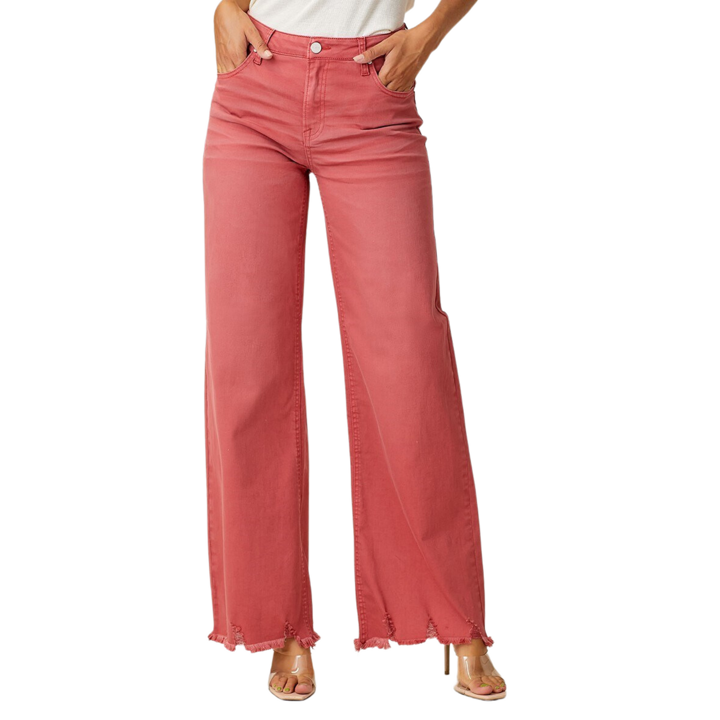 High-rise flare jeans from Risen Brand boast a brick color and raw hem for a modern twist. The flare gives them a stylish silhouette with timeless appeal. Crafted using quality fabric, these jeans are a perfect addition to any wardrobe.