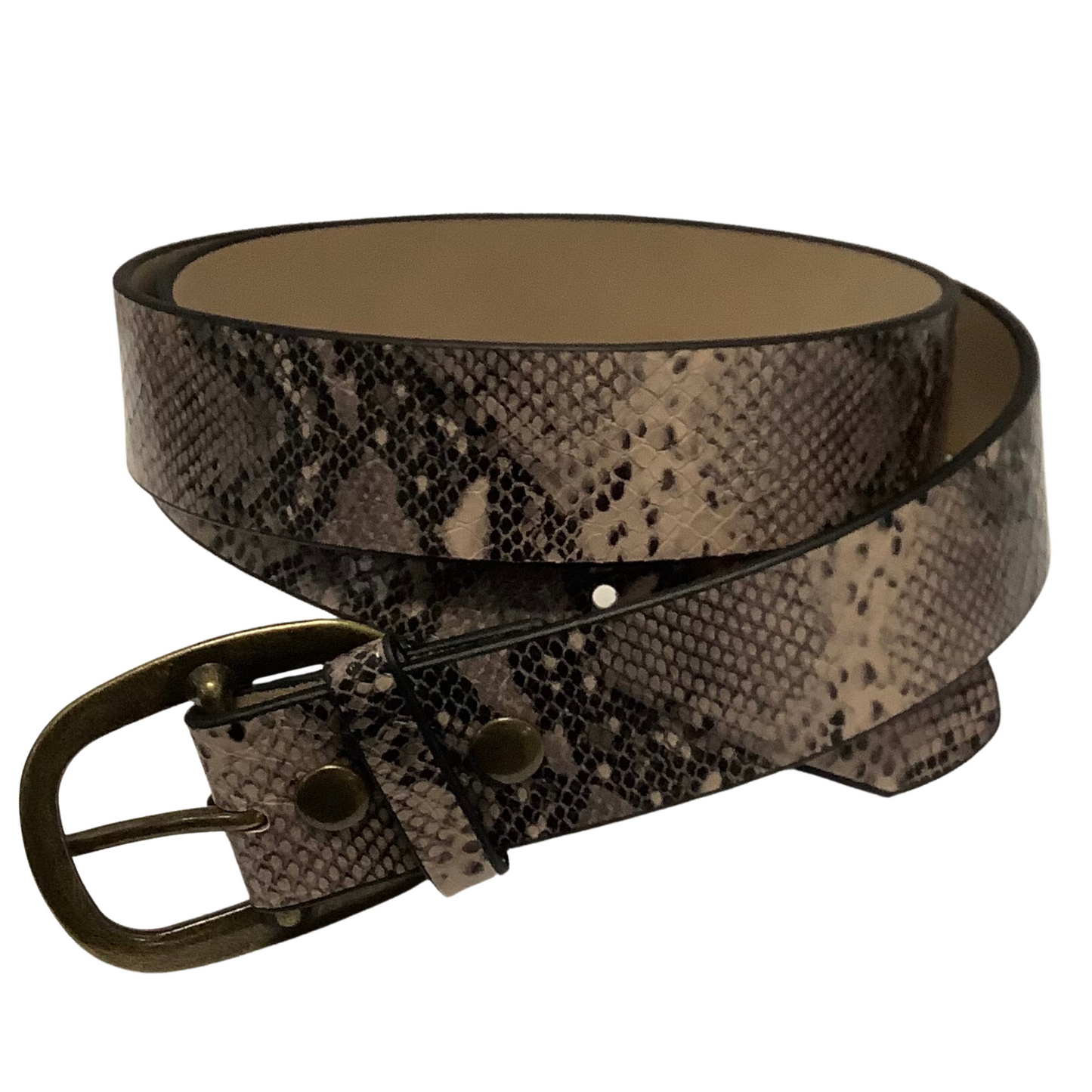 This neutral-tone Brown Snake Belt is crafted from high-quality leather and features a unique, brown snake print design, a stylish brass buckle, and a timeless look that will never go out of style. It's the perfect accessory to add subtle flair to any outfit.