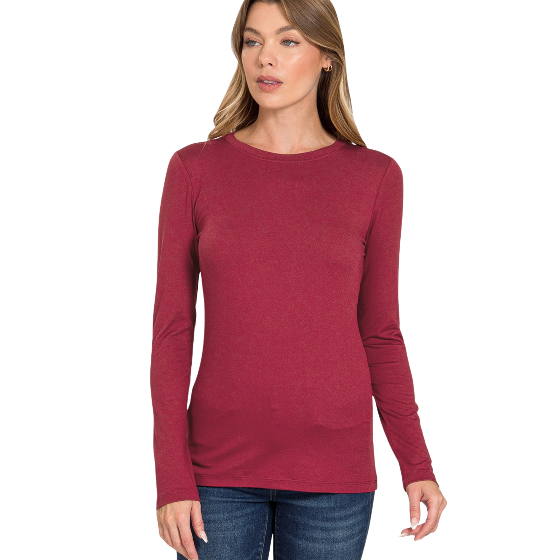 Crafted from premium microfiber fabric, this Zenana long sleeve tee delivers exceptional comfort and durability for everyday wear. The classic round neckline and rich red hue create a versatile piece that transitions seamlessly from casual outings to layering basics. Microfiber's moisture-wicking properties keep you feeling fresh, while the soft construction ensures all-day wearability. A wardrobe essential that combines quality construction with timeless style.