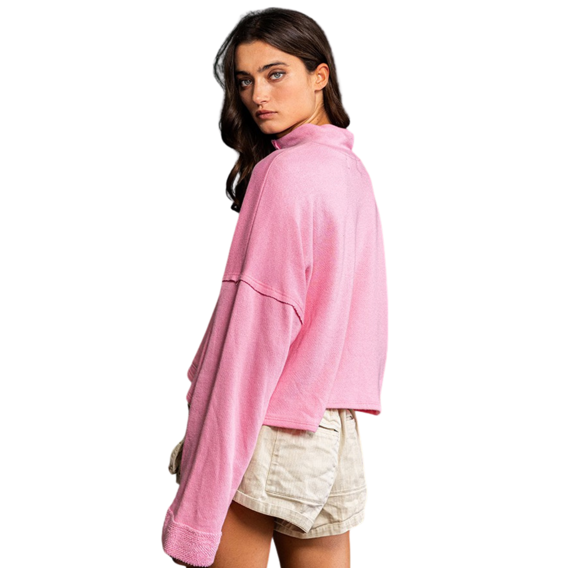 Introducing the Cropped Zip Up Top from bucket list brand. In a playful bubblegum pink, this top features raw edges for a trendy touch. Made of French Terry fabric, it's comfortable and easy to pull over. Stay on trend with the cropped and zip up design.