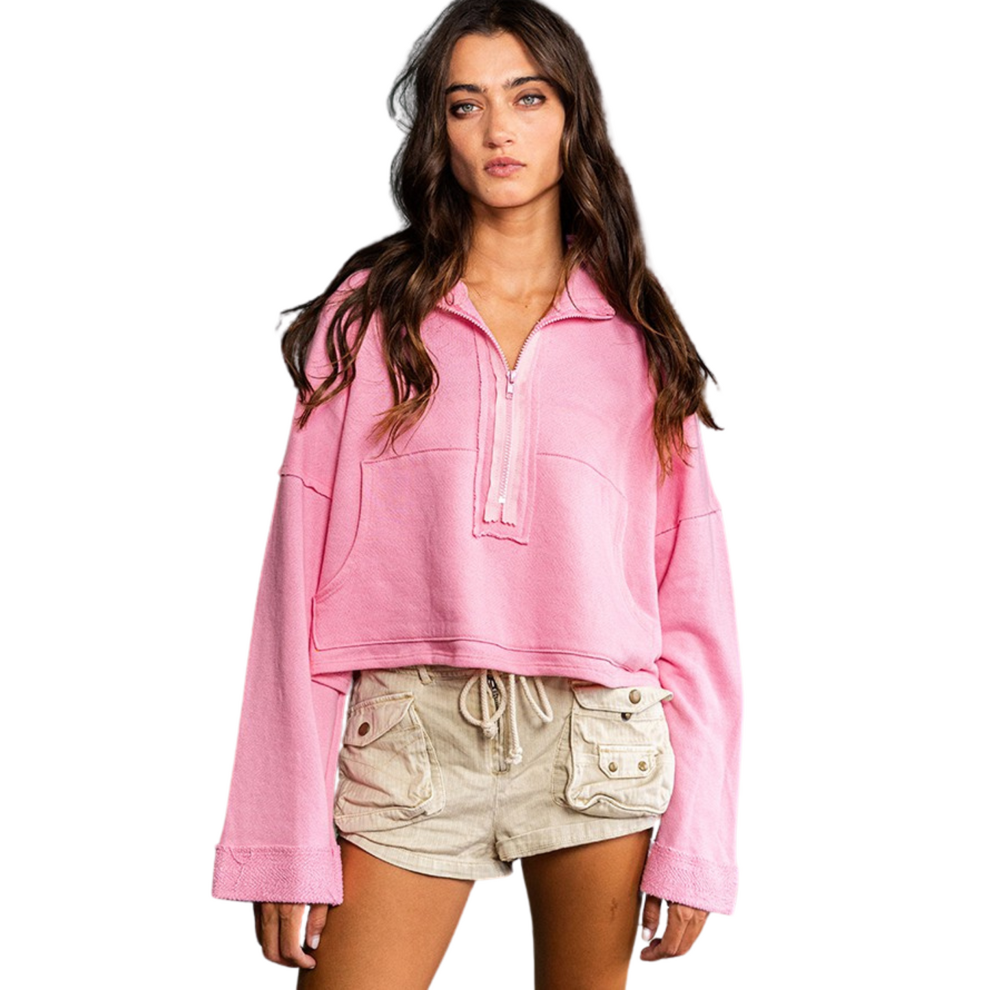 Introducing the Cropped Zip Up Top from bucket list brand. In a playful bubblegum pink, this top features raw edges for a trendy touch. Made of French Terry fabric, it's comfortable and easy to pull over. Stay on trend with the cropped and zip up design.