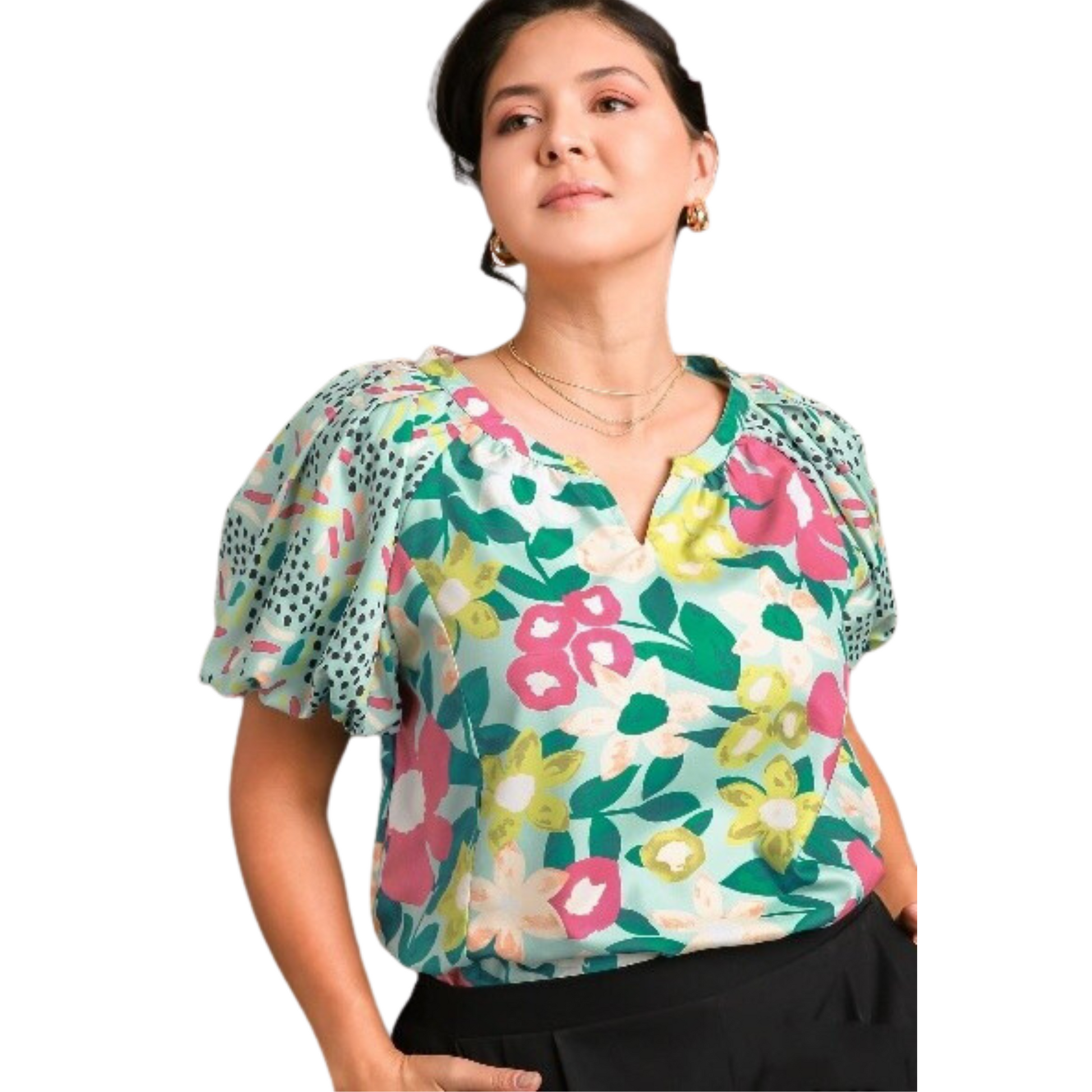 This Mixed Media Bubble Sleeve Top features a mint mix floral print and short sleeves for a flirty and whimsical look. Perfect for spring, its soft and lightweight fabric will keep you feeling comfortable all day.