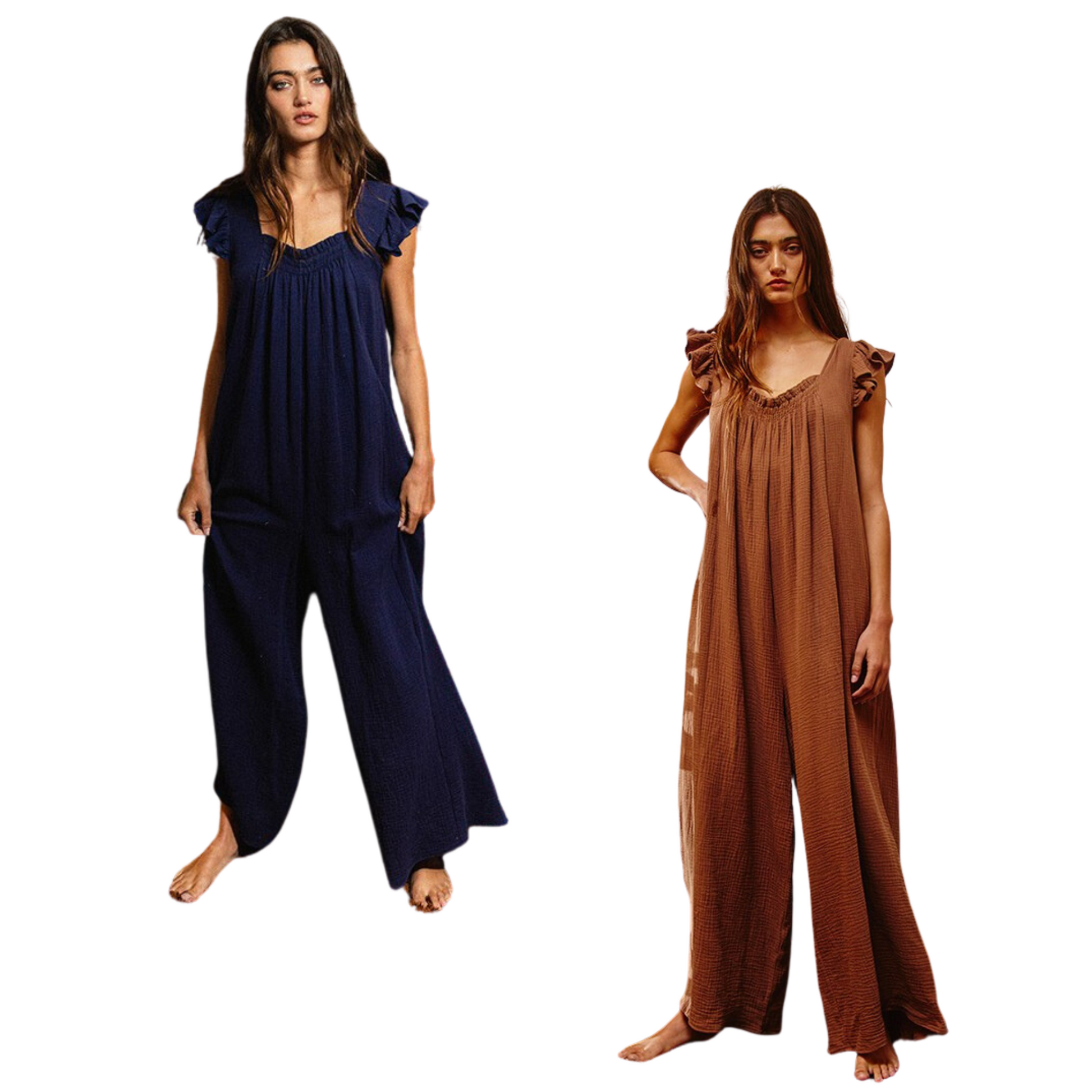 This Ruffled Sleeve Wide Leg Jumpsuit is made from solid gauze for a breathable and comfortable fit. With ruffle layered cap sleeves, side pockets, and a square smocked neckline, this jumpsuit is effortlessly stylish. The smocking band neck ensures an extra snug fit. Available in Navy and Mocha