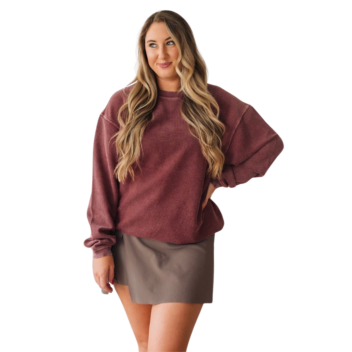 Corded crew neck top in burgundy