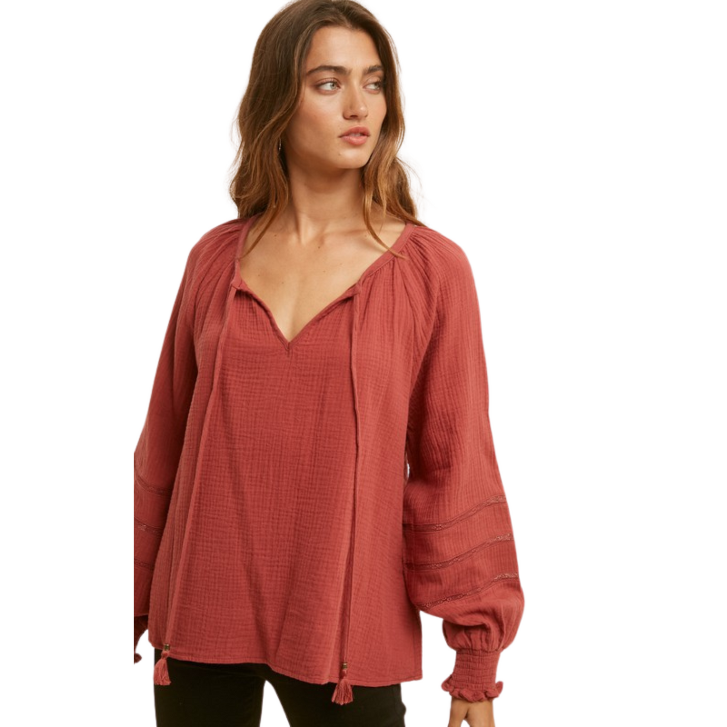 Tie Neck Lace Accent blouse in burnt sienna