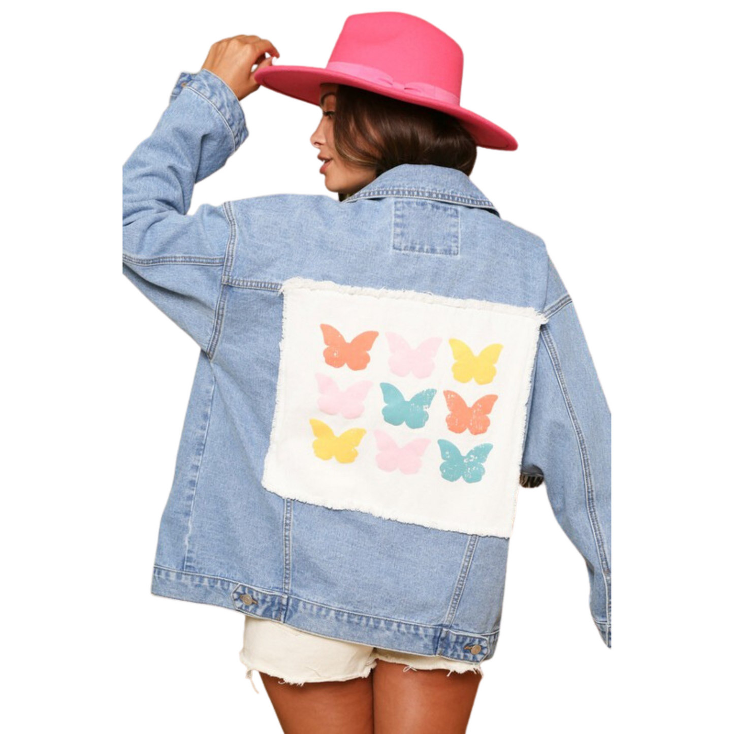 This stylish patch denim jacket is the perfect statement piece for your wardrobe. Crafted from quality denim, it features a multicolor butterfly graphic and is secured with button fastenings. Wear it for a trend-right look.