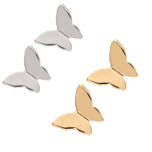 Small butterfly stud earrings. Available in silver and gold