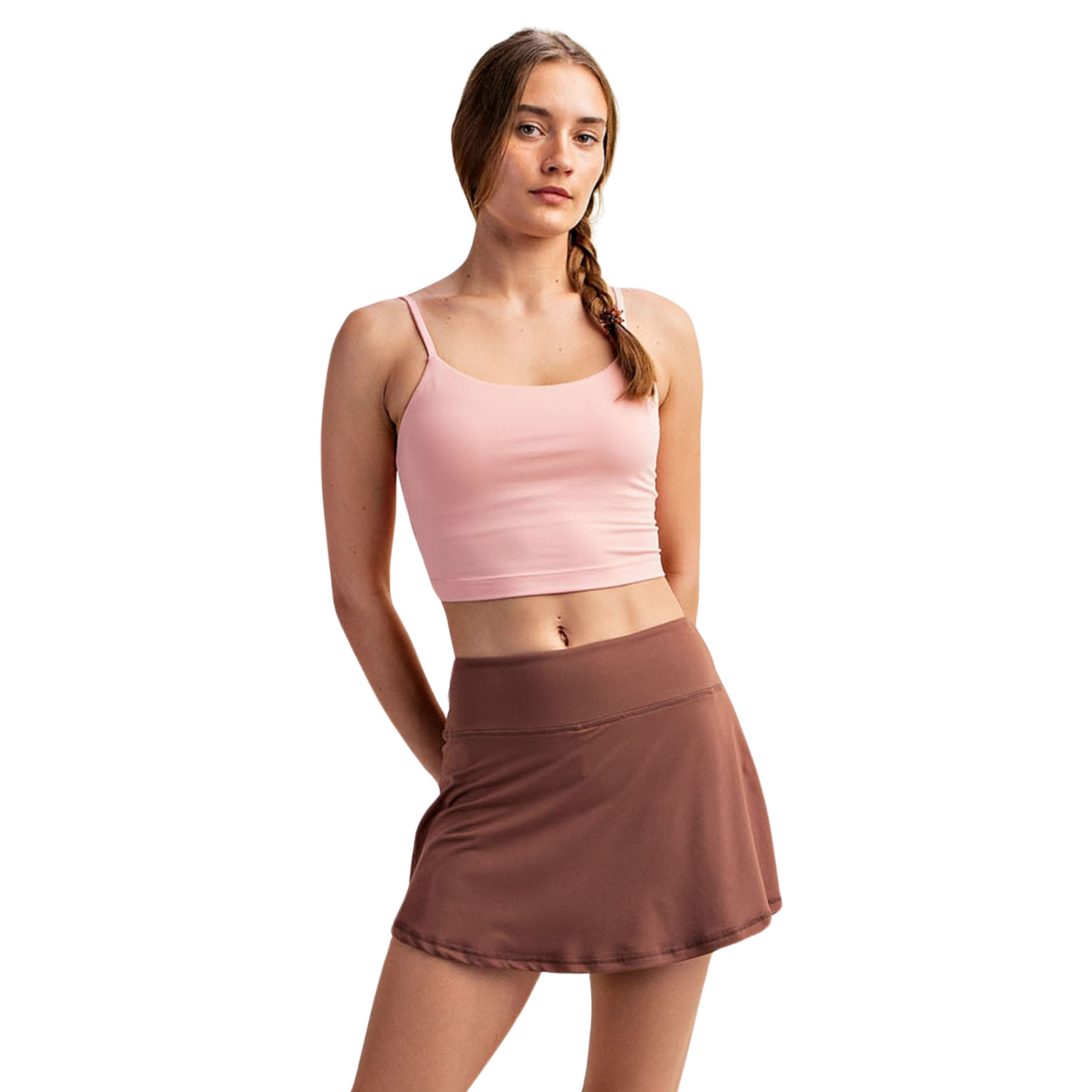 Expertly designed for comfort and style, the Basic Skort by Rae Mode offers a 2-in-1 solution with a high-waisted design. Made with butter soft fabric in a smoky topaz color, this skort is perfect for any occasion.