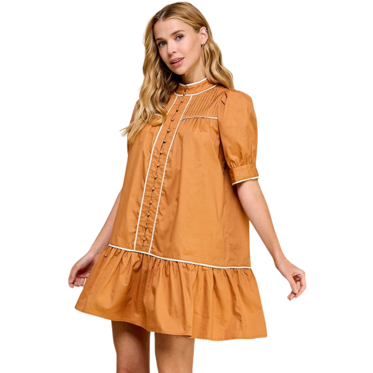 Expertly crafted with a mock neckline and button down design, this camel-colored dress from T.C.E.C. is a must-have for any fashion-forward wardrobe. The short puff sleeves and ruffle hem add a touch of flair, while the pleated detailing adds texture and dimension. Chic and versatile, this shift dress is perfect for any occasion.