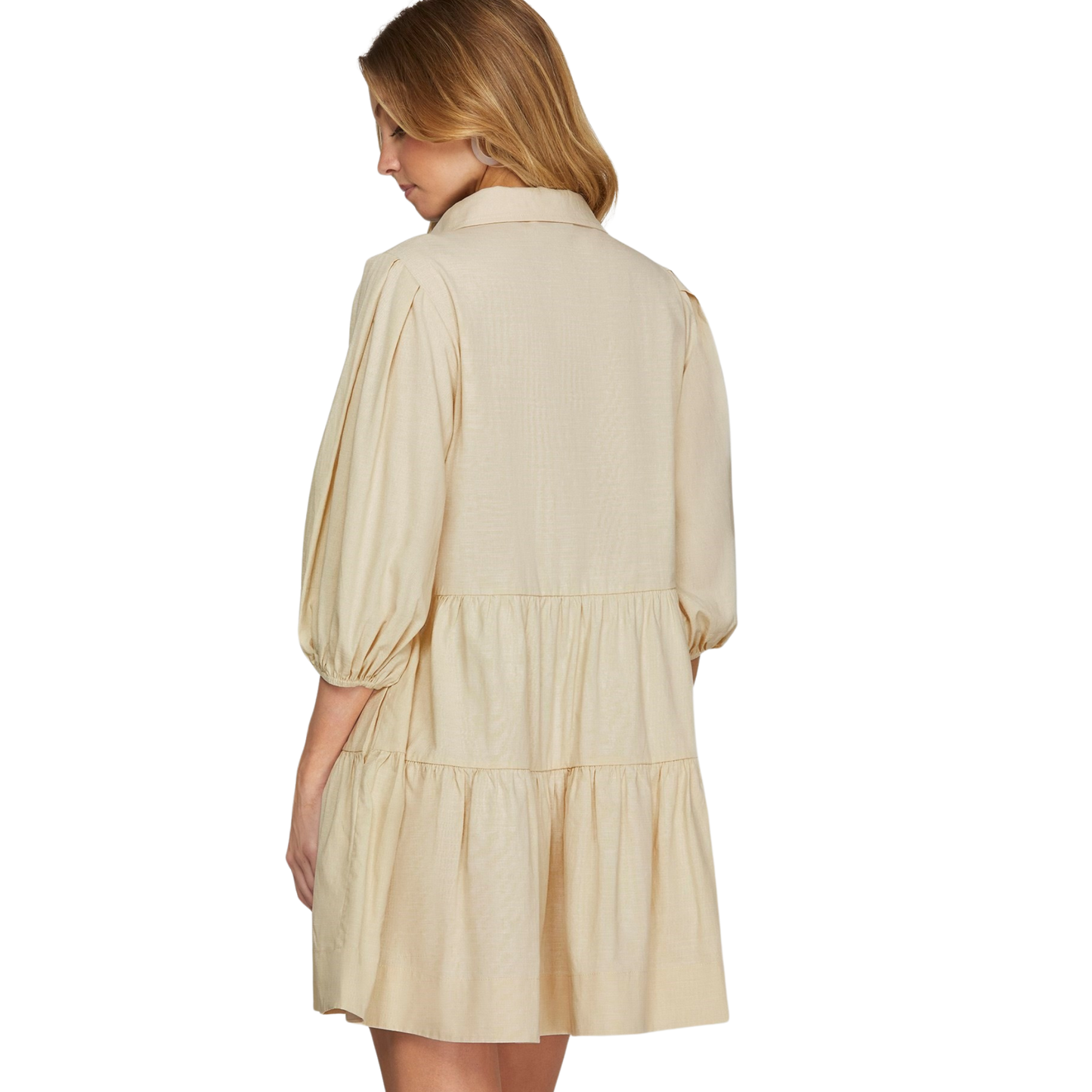 Elevate your everyday style with this charming collared button-down dress from She+Sky. Crafted in a soft ecru tone, this mini dress features a classic front button closure and flattering tiered silhouette that adds movement and dimension. Perfect for casual outings, weekend brunches, or layering with your favorite jacket. The structured collar and tailored buttons create a polished look that transitions effortlessly from day to night.