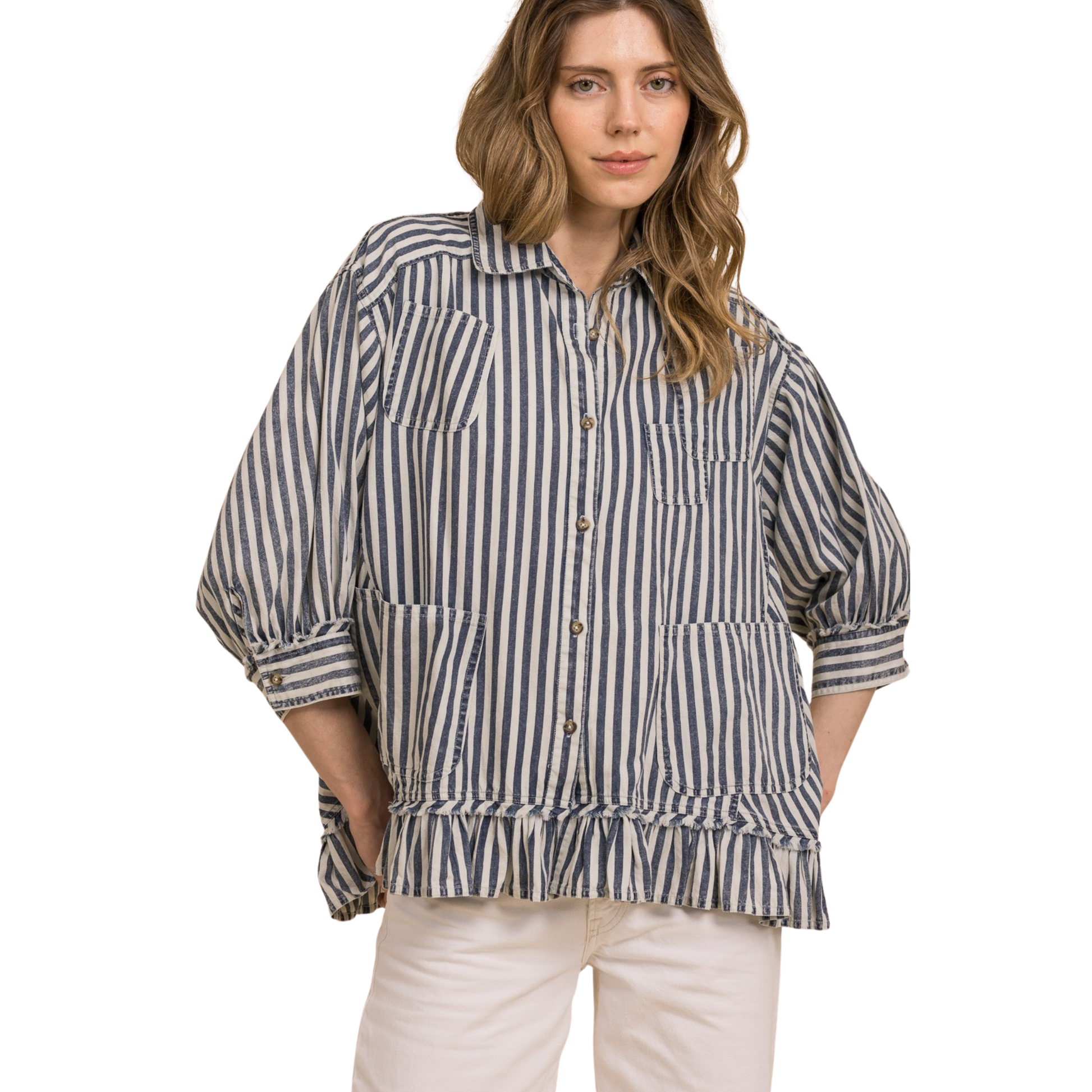 Elevate your everyday style with this classic denim stripe button-down top from Blue Velvet. Featuring a crisp collar and full button front, this versatile piece offers timeless appeal with modern comfort. The three-quarter length sleeves provide the perfect balance between coverage and breathability, making it ideal for layering or wearing solo. Crafted with quality construction, this top transitions seamlessly from casual weekends to polished workdays. 